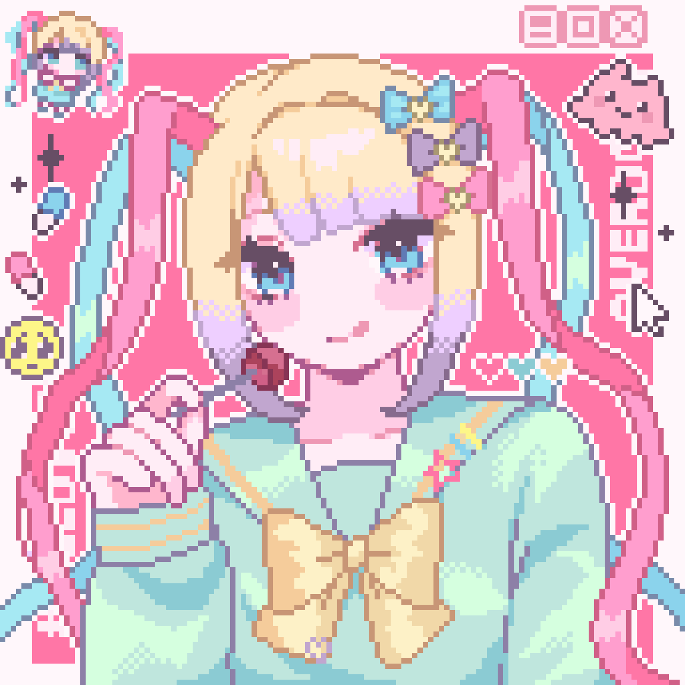 1girl aegyo_sal amenbopotupotu blonde_hair blue_eyes blue_hair blue_serafuku blunt_bangs border bow candy chest_bow chibi chibi_inset chouzetsusaikawa_tenshi-chan colored_tips cursor emoji food ghost hair_bow heart highres holding holding_candy holding_food holding_lollipop lollipop looking_at_object multicolored_hair multiple_hair_bows needy_girl_overdose pill pink_background pink_hair pixel_art quad_tails school_uniform serafuku sidelocks solo sparkle sparkling_eyes upper_body white_border window_(computing)