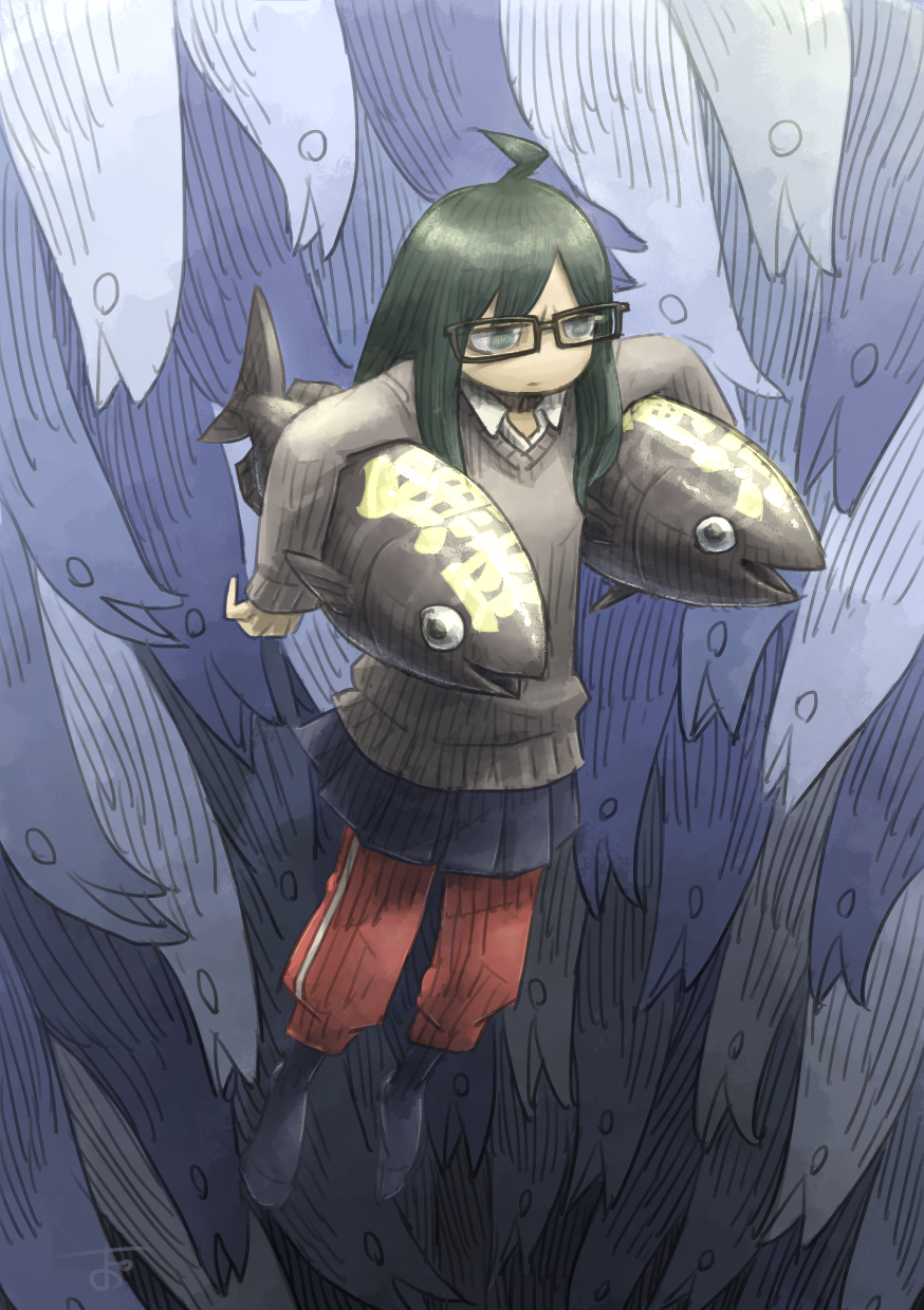 1girl ahoge annoyed black_socks blue_background chiyo_maru closed_mouth collared_shirt commentary_request fish fish_background furrowed_brow glasses grey_background grey_eyes grey_sweater highres jitome layered_clothes long_hair long_sleeves looking_ahead multicolored_background no_shoes original pants pants_under_skirt pleated_skirt red_pants riding shirt signature skirt sleeves_past_wrists socks solo sweater track_pants translation_request white_shirt