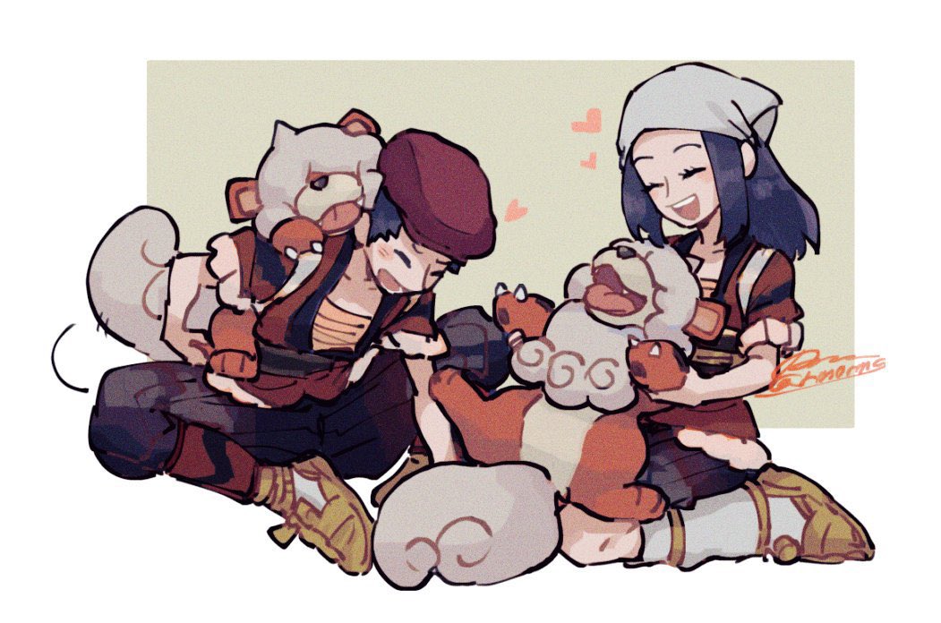 1boy 1girl akari_(pokemon) beret blue_hair border claws closed_eyes collarbone commentary_request dog eyelashes grey_background hat headscarf hisuian_growlithe holding holding_pokemon leg_warmers long_hair nintendo open_mouth outside_border pawpads pokemon pokemon_(creature) pokemon_legends:_arceus red_headwear rei_(pokemon) sagemaru-br sandals signature simple_background sitting smile snout tail teeth tongue tongue_out upper_teeth_only white_border white_headscarf white_headwear