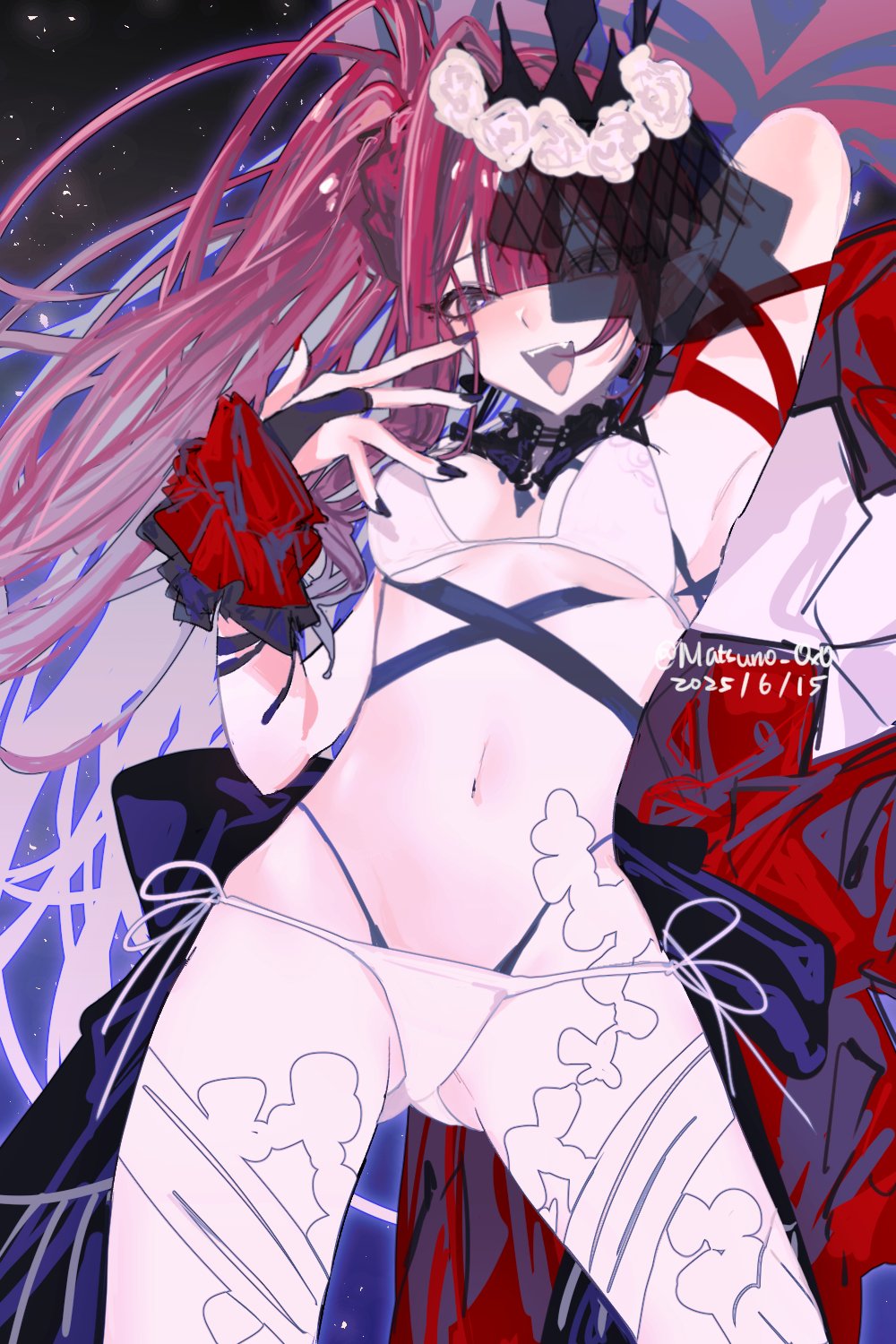 1girl baobhan_sith_(fate) baobhan_sith_(swimsuit_pretender)_(third_ascension)_(fate) bikini breasts bridal_gauntlets fangs fate/grand_order fate_(series) flower hair_flower hair_ornament hand_up highres long_hair looking_at_viewer matsuno0218 nail_polish navel open_mouth pink_hair side_ponytail smile solo swimsuit tiara veil white_bikini white_flower