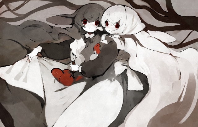 2girls animal_ears apple apron apron_basket black_dress closed_mouth commentary_request dress food fruit grey_hair holding holding_food holding_fruit holding_knife knife long_hair long_sleeves looking_at_viewer multiple_girls original partial_commentary rabbit_ears rabbit_girl shirokujira very_long_hair white_apron white_hair