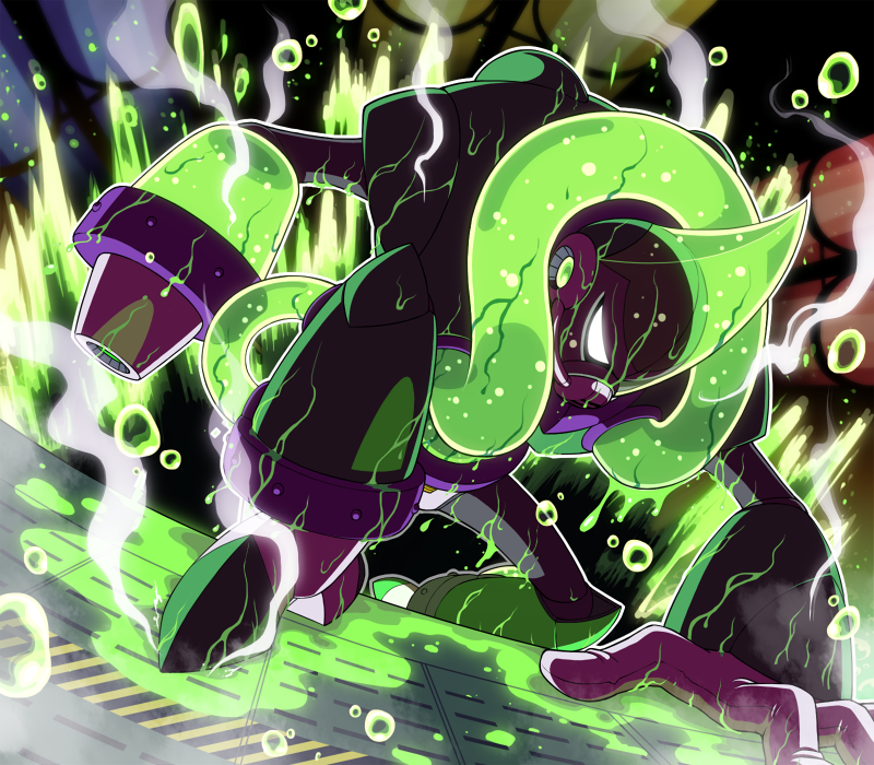 1boy acid acid_man android arm_cannon arm_support aura bubble commentary commentary_request dripping english_commentary glowing glowing_eye male_focus mega_man_(classic) mega_man_(series) mega_man_11 mixed-language_commentary napo robot_ears smoke solo weapon