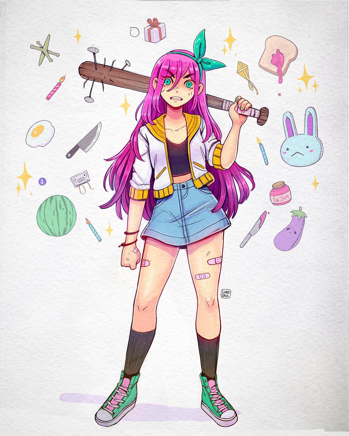 1girl aqua_eyes aqua_hairband aqua_nails aubrey_(faraway)_(omori) aubrey_(omori) bandaid bandaid_on_hand bandaid_on_thigh baseball_bat black_socks box bread butter_knife candle cassette_tape clenched_hand clenched_teeth commentary contrapposto denim denim_skirt egg_(food) english_commentary food fruit gift gift_box hairband high-waist_skirt highres holding holding_baseball_bat kitchen_knife kite long_hair lord_griselda midriff miniskirt mismatched_eyebrows mr._plantegg_(omori) nail nail_(hardware) nail_bat omori pink_hair shoes signature skirt sneakers socks solo teeth traditional_media v-shaped_eyebrows watermelon wristband