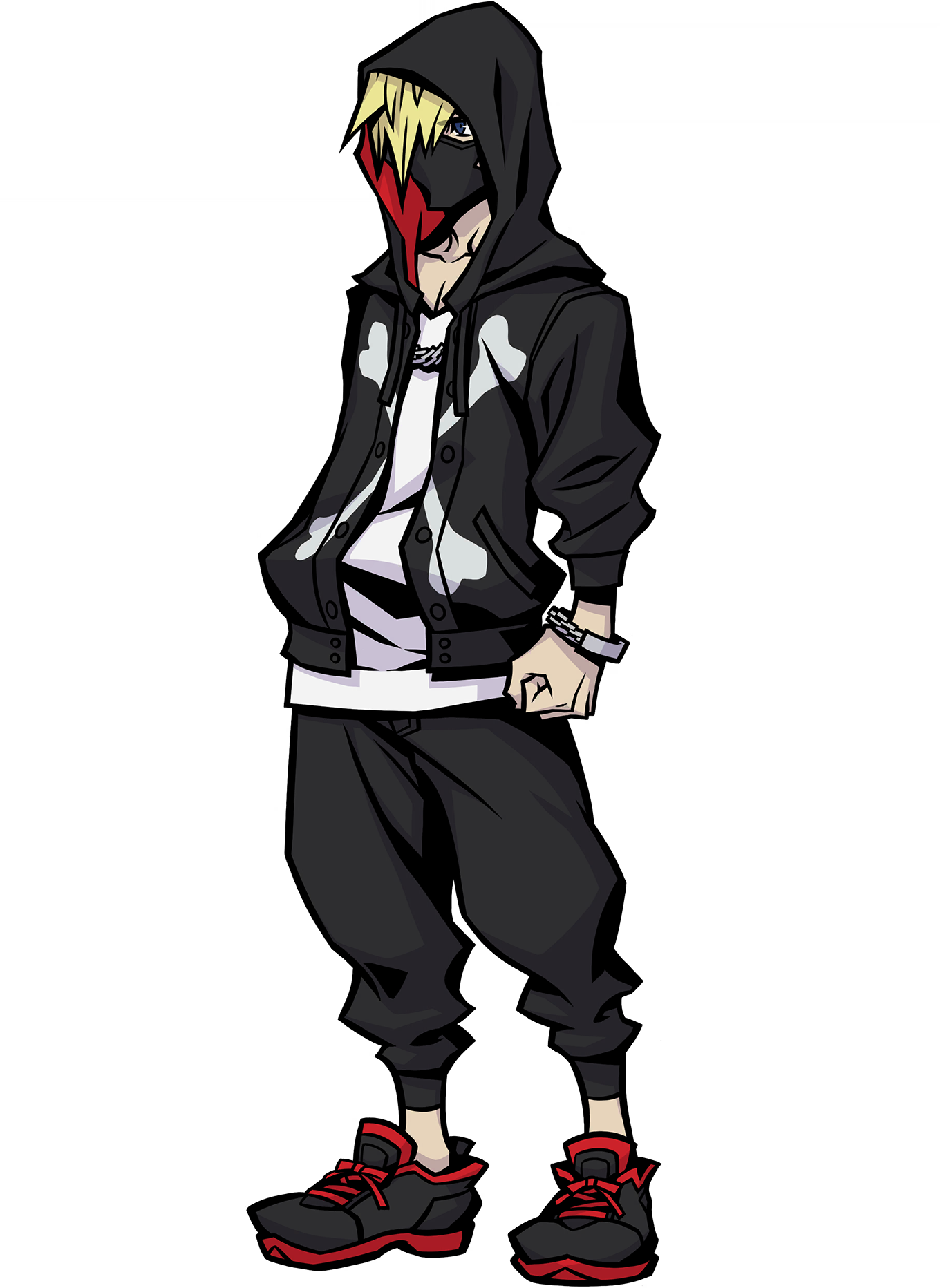 1boy bito_daisukenojo black_hoodie black_pants blonde_hair blouse blue_eyes chain chain_necklace full_body headphones highres hood hood_up hoodie jewelry mask medium_hair mouth_mask necklace nomura_tetsuya official_art pants shin_subarashiki_kono_sekai shirt solo subarashiki_kono_sekai transparent_background white_shirt