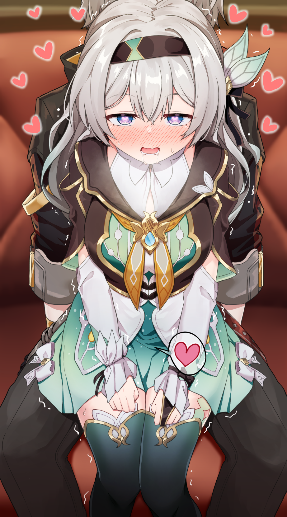1boy 1girl aqua_skirt aqua_thighhighs black_hairband black_jacket blush bridal_gauntlets caelus_(honkai:_star_rail) commentary_request firefly_(honkai:_star_rail) grey_hair hair_intakes hair_ornament hairband highres honkai:_star_rail honkai_(series) implied_sex jacket multicolored_eyes nenosame open_mouth single_bridal_gauntlet sitting sitting_on_person skirt sweat thighhighs trailblazer_(honkai:_star_rail) trembling two-tone_eyes