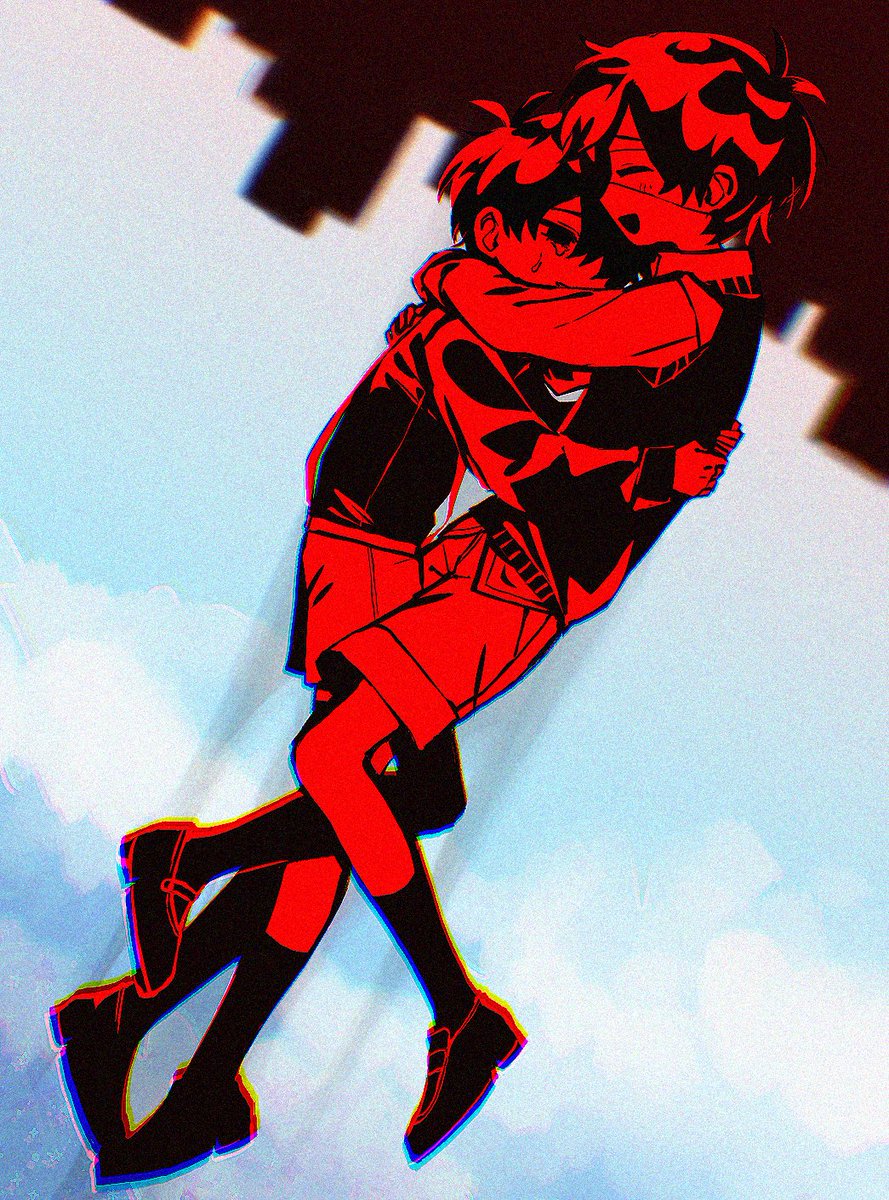2boys :d alternate_color alternate_sleeve_length antenna_hair blue_sky building chromatic_aberration crying crying_with_eyes_open dual_persona empty_eyes falling film_grain from_side full_body hair_behind_ear high_contrast highres hug kneehighs loafers long_sleeves multiple_boys no_pupils omori omori_(omori) open_mouth outdoors puffy_long_sleeves puffy_sleeves rou_(h_s_sinrin) shoes short_hair shorts sideways_mouth sky smile socks suicide sunny_(omori) suspender_shorts suspenders sweater_vest tears thighhighs