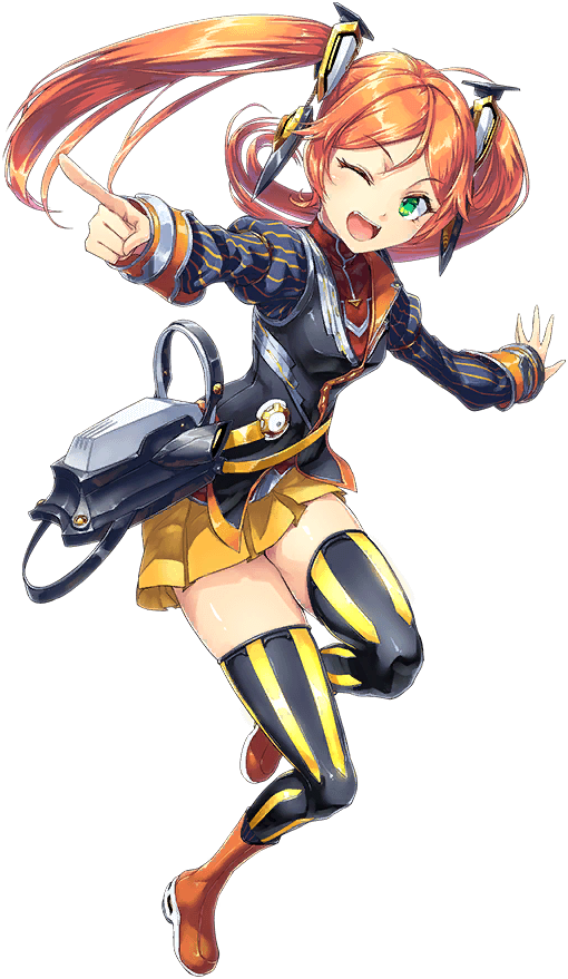 1girl artist_request boots breasts full_body game_cg green_eyes long_sleeves lulu_(unitia) official_art one_eye_closed open_mouth orange_hair pointing skirt solo source_request teeth transparent_background twintails unitia upper_teeth_only yellow_skirt