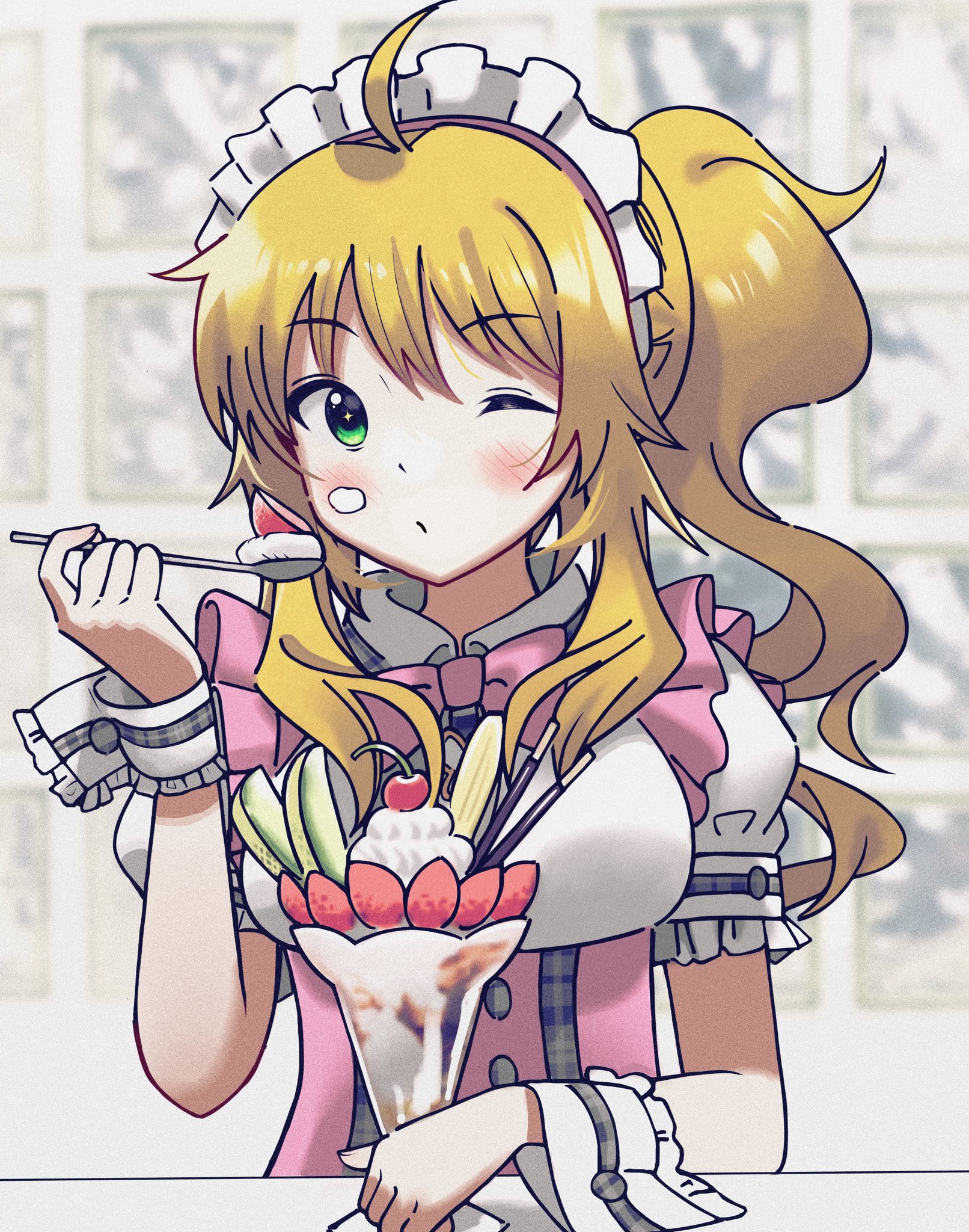 1girl ahoge anman_(yxwu7733) blonde_hair blush bow bowtie breasts cherry closed_mouth dress food food_on_face frills fruit green_eyes highres holding holding_spoon hoshii_miki idolmaster idolmaster_(classic) idolmaster_million_live! idolmaster_million_live!_theater_days long_hair looking_at_viewer maid one_eye_closed parfait pink_bow pink_bowtie pink_dress pocky ponytail pretty_waitress_(idolmaster) puffy_short_sleeves puffy_sleeves short_sleeves solo spoon strawberry table waitress white_wrist_cuffs wrist_cuffs