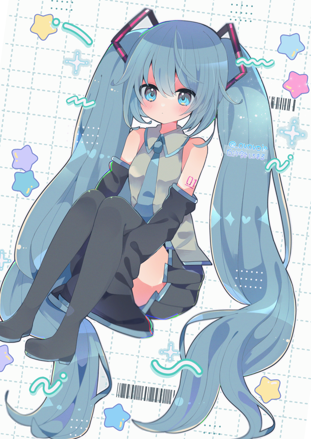 1girl arm_tattoo barcode black_boots black_skirt blue_eyes blue_hair blue_necktie boots breasts commentary_request detached_sleeves hatsune_miku highres long_hair miniskirt necktie number_tattoo ovoip pleated_skirt shirt skirt sleeveless sleeveless_shirt sleeves_past_fingers sleeves_past_wrists small_breasts solo star_(symbol) tattoo thigh_boots twintails very_long_hair vocaloid