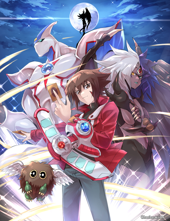 1other 3boys angel_wings black_shirt brown_eyes brown_hair card commentary cropped_legs crossed_arms demon_wings duel_academy_uniform_(yu-gi-oh!_gx) duel_disk duel_monster elemental_hero_flame_wingman elemental_hero_neos full_moon green_eyes heterochromia high_collar holding holding_card jacket lipstick looking_at_viewer makeup mitsukoshi_haruha moon multicolored_hair multiple_boys no_mouth orange_eyes purple_hair red_jacket shirt silhouette single_wing smile split-color_hair tail third_eye twitter_username two-tone_hair white_hair winged_kuriboh wings yu-gi-oh! yu-gi-oh!_gx yubel yuki_judai