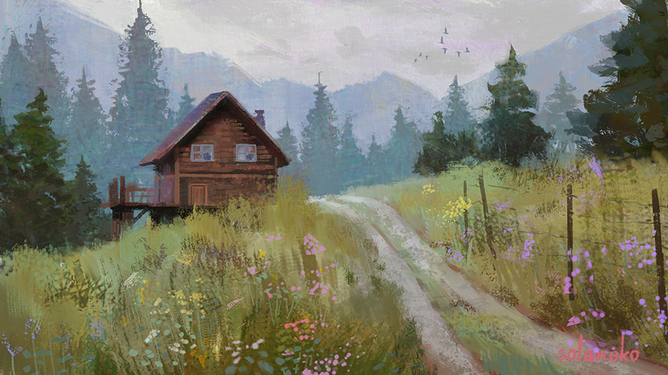 artist_name bird building dirt_road grass house no_humans original outdoors overcast road scenery simple_bird sky solanoko tree wire_fence wooden_house