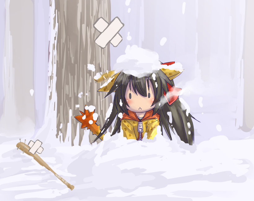 1girl :&lt; balulu_alma baseball_bat black_hair character_request chibi constricted_pupils emil_chronicle_online female_focus gradient_background hair_ornament kasuga_yukihito long_hair nail_(hardware) nail_bat snow solo winter