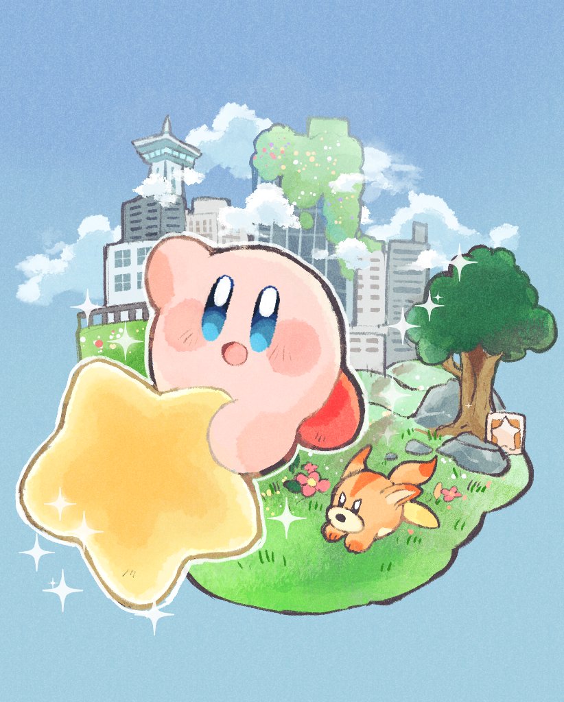 :d arm_up awoofy blue_background blue_eyes blush blush_stickers building city cloud commentary_request flower grass guarani_(muku_6930) kirby kirby_(series) kirby_and_the_forgotten_land looking_at_viewer nintendo no_humans open_mouth overgrown pink_flower railing riding rock simple_background smile sparkle star_(symbol) star_block tree warp_star waving