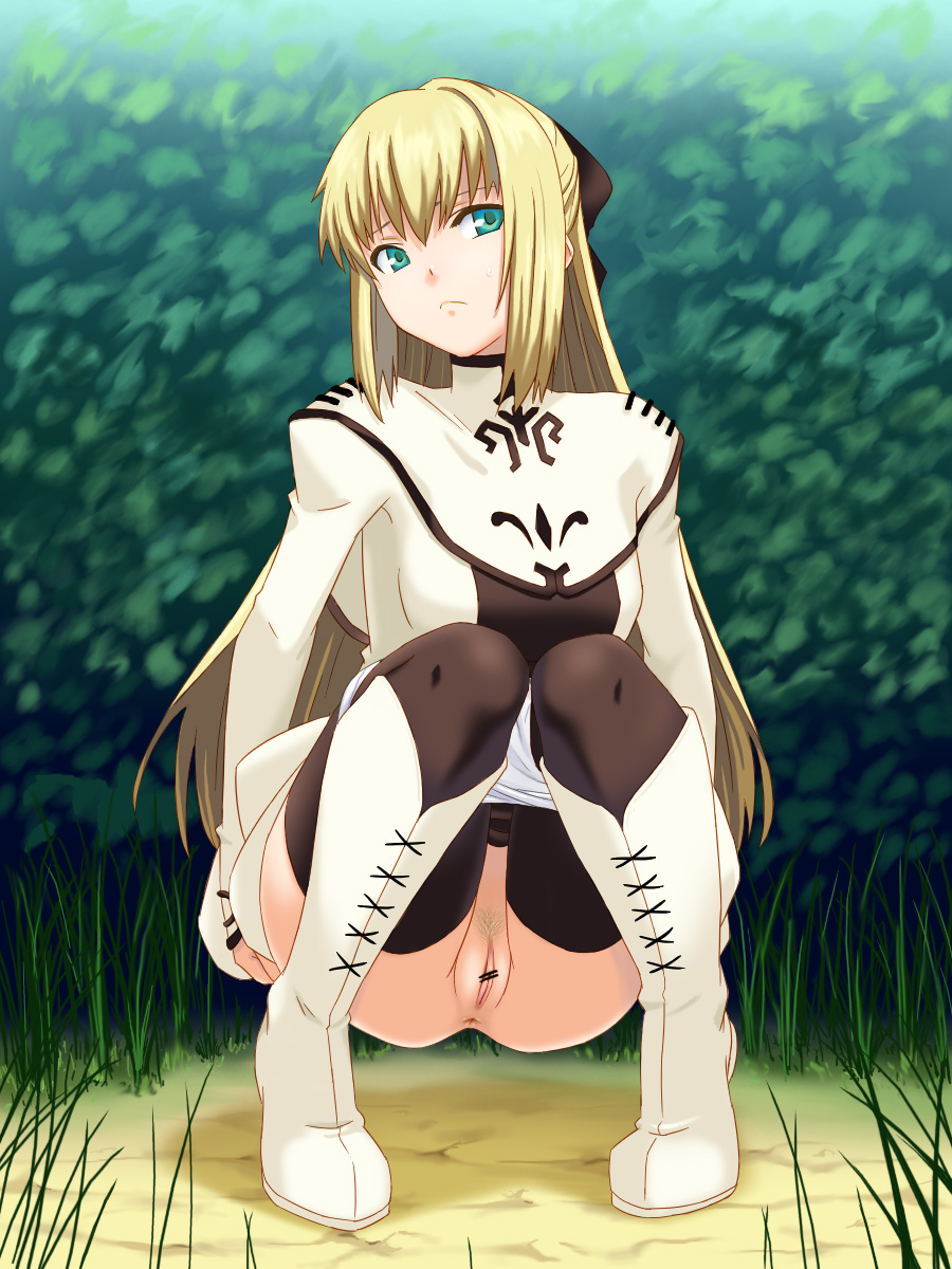 1girl :&lt; anus aqua_eyes blonde_hair boots bow censored cyrille_(shining_force_exa) female_focus female_pubic_hair grass hair_bow have_to_pee highres hou_(hachiyou) knee_boots long_hair panties panty_pull pubic_hair pussy sega shining_(series) shining_force_exa solo squatting sweatdrop underwear
