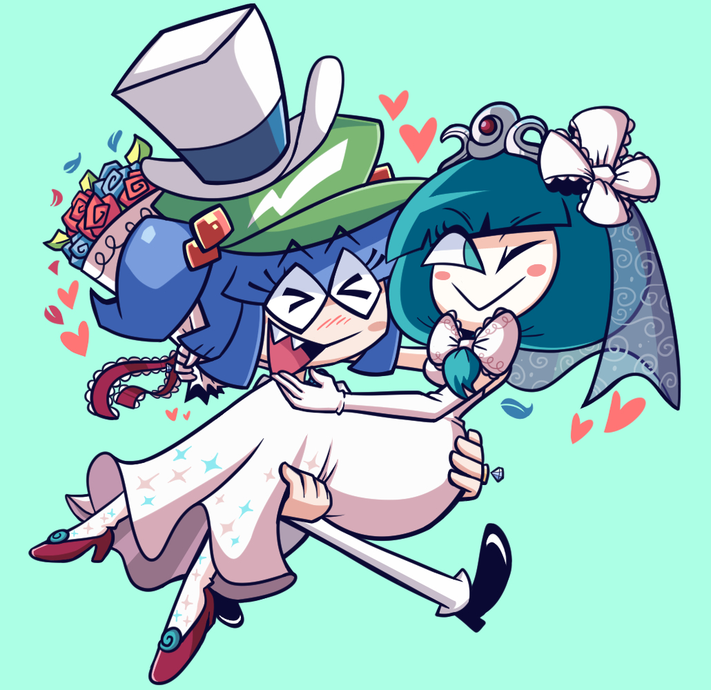 2girls blue_hair bow bridal_gauntlets dress green_background green_eyes green_hair hair_bow hair_ribbon hug kagiyama_hina kawashiro_nitori kevin_arthur multiple_girls ribbon smile touhou white_dress white_ribbon yuri