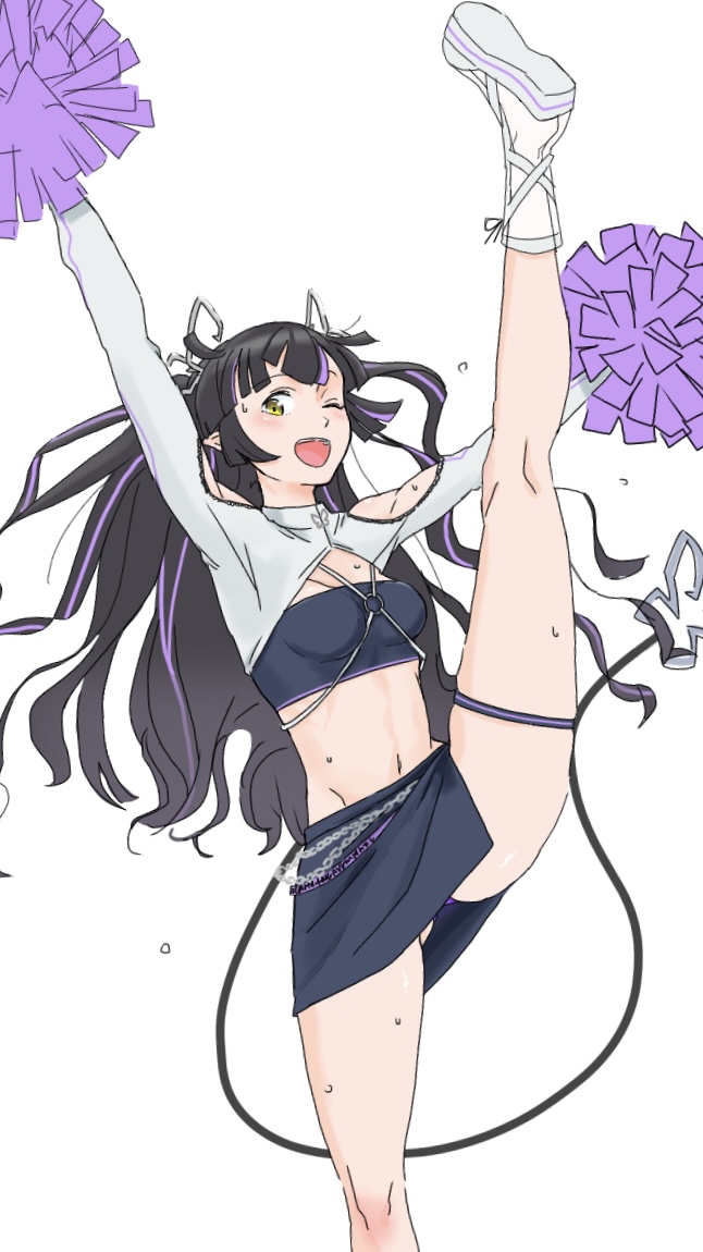 1girl arms_up belt black_hair black_skirt black_tube_top blush breasts clothing_cutout commentary_request demon_girl demon_horns demon_tail foot_out_of_frame grey_background horns jacket kojo_anna kojo_anna_(2nd_costume) long_hair looking_at_viewer medium_breasts miniskirt n1jichich1 nanashi_inc. official_alternate_costume one_eye_closed open_mouth pencil_skirt pointy_ears pom_pom_(cheerleading) purple_belt purple_hair revision shoulder_cutout shrug_(clothing) simple_background skirt smile solo split standing standing_on_one_leg standing_split strapless tail tube_top twintails virtual_youtuber white_jacket yellow_eyes