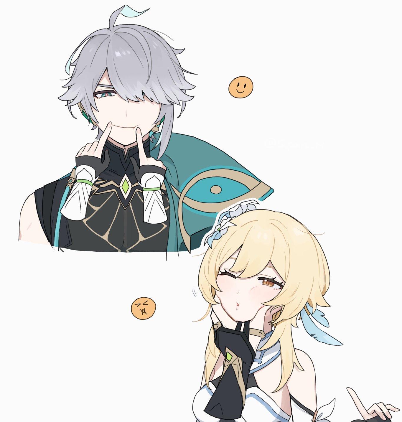 1boy 1girl alhaitham_(genshin_impact) bare_shoulders blonde_hair breasts cheek_squash detached_sleeves dress feather_hair_ornament feathers flower forced_smile genshin_impact green_eyes grey_background grey_hair hair_flower hair_ornament highres index_finger_raised looking_at_viewer lumine_(genshin_impact) q_(oshikuraq) short_hair_with_long_locks simple_background white_dress white_flower yellow_eyes