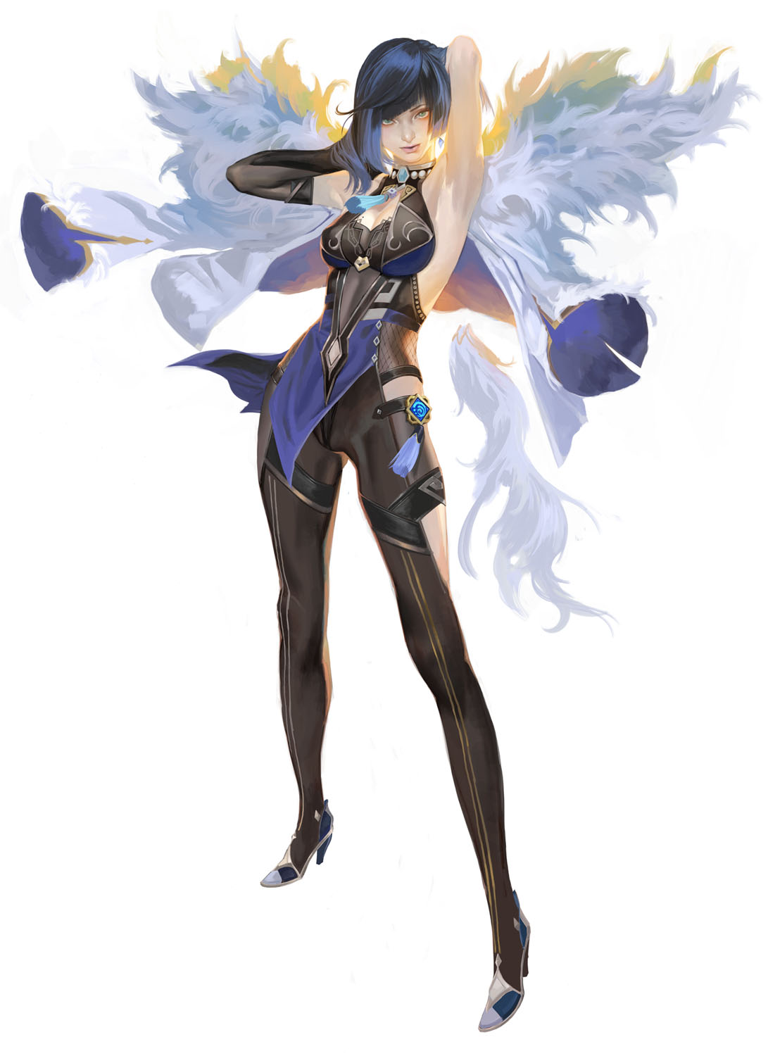 1girl arm_up armpits bare_shoulders blue_hair bob_cut breasts cleavage cleavage_cutout clothing_cutout diagonal_bangs earrings fur_trim gloves green_eyes hand_on_own_head high_heels highres hydro_symbol_(genshin_impact) ikeda_masateru jacket jewelry large_breasts leggings looking_at_viewer mole mole_on_breast parted_lips see-through_clothes short_hair simple_background solo standing tassel thigh_cutout vision_(genshin_impact) white_background yelan_(genshin_impact)