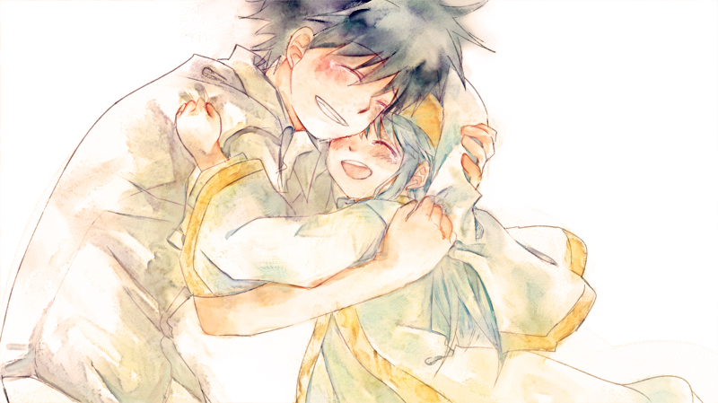 hug index_(toaru_majutsu_no_index) kamijou_touma long_hair nun silver_hair smile spiked_hair tachiuo_(arines) toaru_majutsu_no_index
