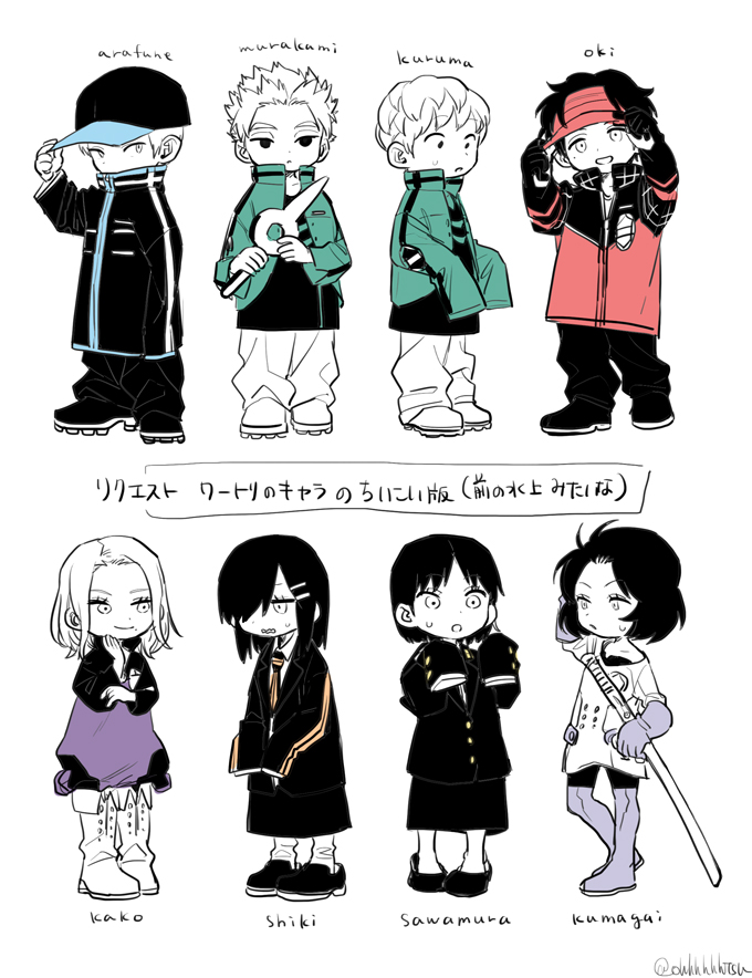 4boys 4girls :d :o adjusting_clothes adjusting_headwear age_regression aged_down arafune_tetsuji baseball_cap black_footwear black_gloves black_hair black_headwear black_jacket black_necktie black_pants black_shirt black_skirt blouse bob_cut boots character_name child closed_mouth covered_mouth cropped_jacket formal_clothes gloves green_jacket hair_ornament hair_over_one_eye hairclip hand_on_headwear hand_up hands_on_headwear hands_up hat high_collar holding holding_weapon jacket jumpsuit kako_nozomi kumagai_yuuko kuruma_tatsuya long_sleeves looking_at_another looking_at_viewer looking_down mole mole_under_eye multiple_boys multiple_girls murakami_kou necktie nervous off_shoulder ohhhhhhtsu oki_kouji one_eye_covered open_mouth oversized_clothes pants pantyhose partially_colored red_headwear red_jacket sawamura_kyouko shiki_sayoko shirt shoes short_hair sideways_glance skirt skirt_set skirt_suit sleeves_past_fingers sleeves_past_wrists smile spiked_hair standing suit surprised sweatdrop sword uniform visor_cap weapon white_pants world_trigger
