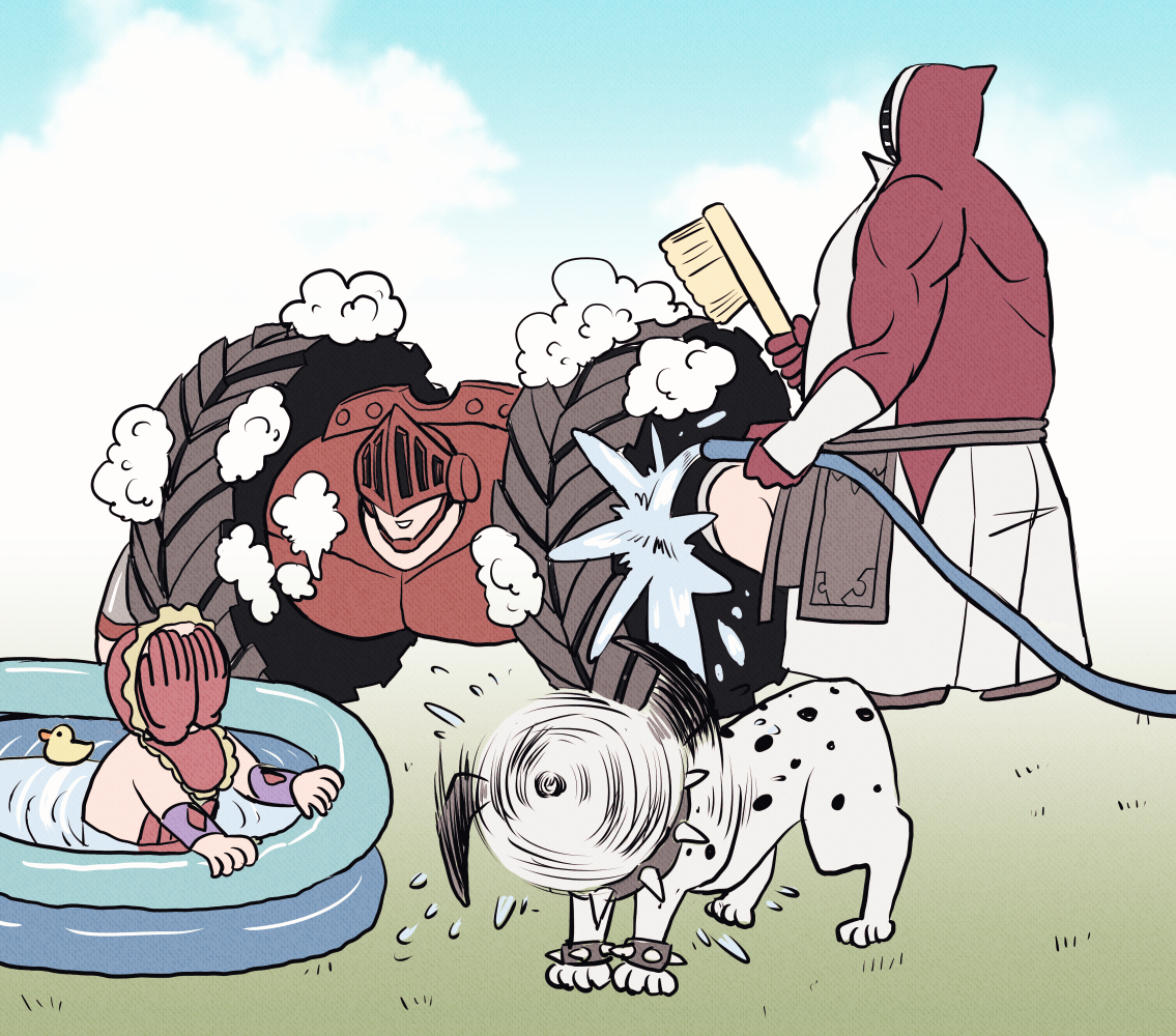4boys android angry animal_ears arm_up biceps crazy_eyes dalmatiman dog_boy dog_ears grass kinnikuman max_radial_(kinnikuman) monster_boy motion_lines multiple_boys muscular naporifes outdoors peek-a-boo_(kinnikuman) serious shaded_face simple_background standing strong_the_budo sword washing_machine water weapon what