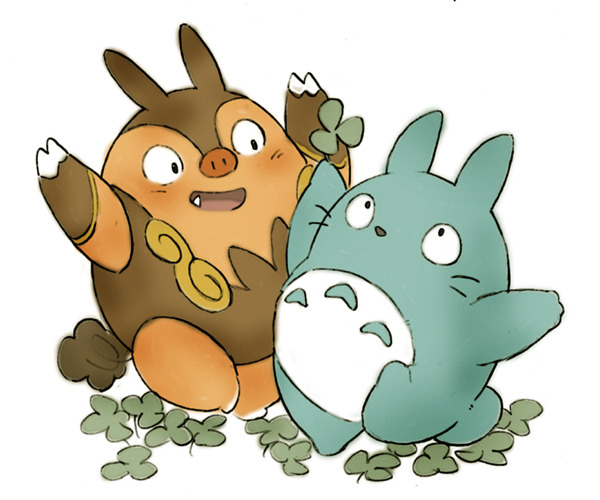 arms_up black_eyes blush clover crossover fang full_body gen_5_pokemon hijirino_yuuta holding holding_leaf leaf nintendo no_humans nostrils open_mouth pignite pokemon pokemon_(creature) simple_background tonari_no_totoro totoro white_background