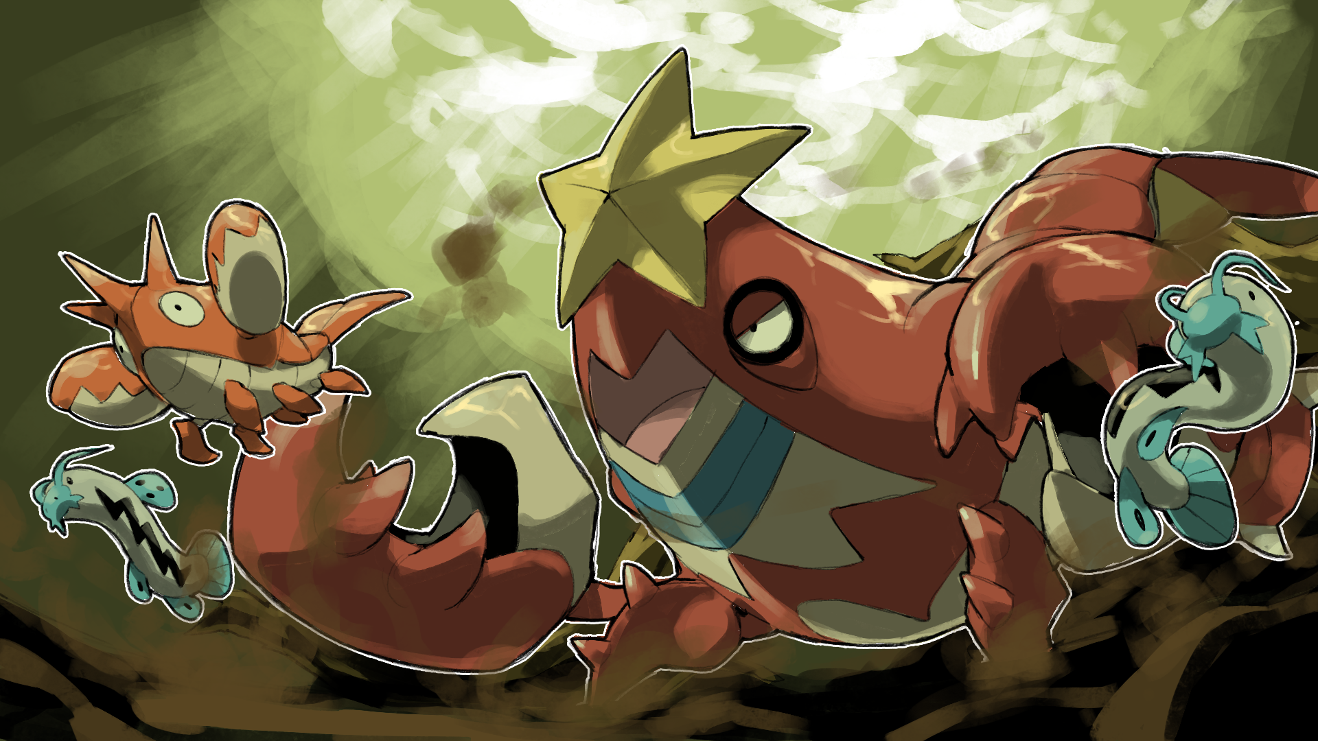 animal_focus barboach blacknirrow closed_mouth corphish crawdaunt crustacean evolutionary_line gen_3_pokemon highres nintendo no_humans open_mouth outline pincers pokemon pokemon_(creature) pokemon_focus underwater white_outline