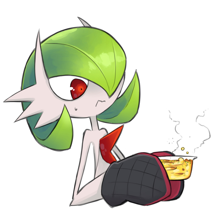 bob_cut colored_skin dmt_(auburn) food gardevoir gen_3_pokemon green_hair hair_over_one_eye mega_gardevoir mega_pokemon nintendo oven_mitts pokemon pokemon_(creature) red_eyes simple_background steam white_background white_skin