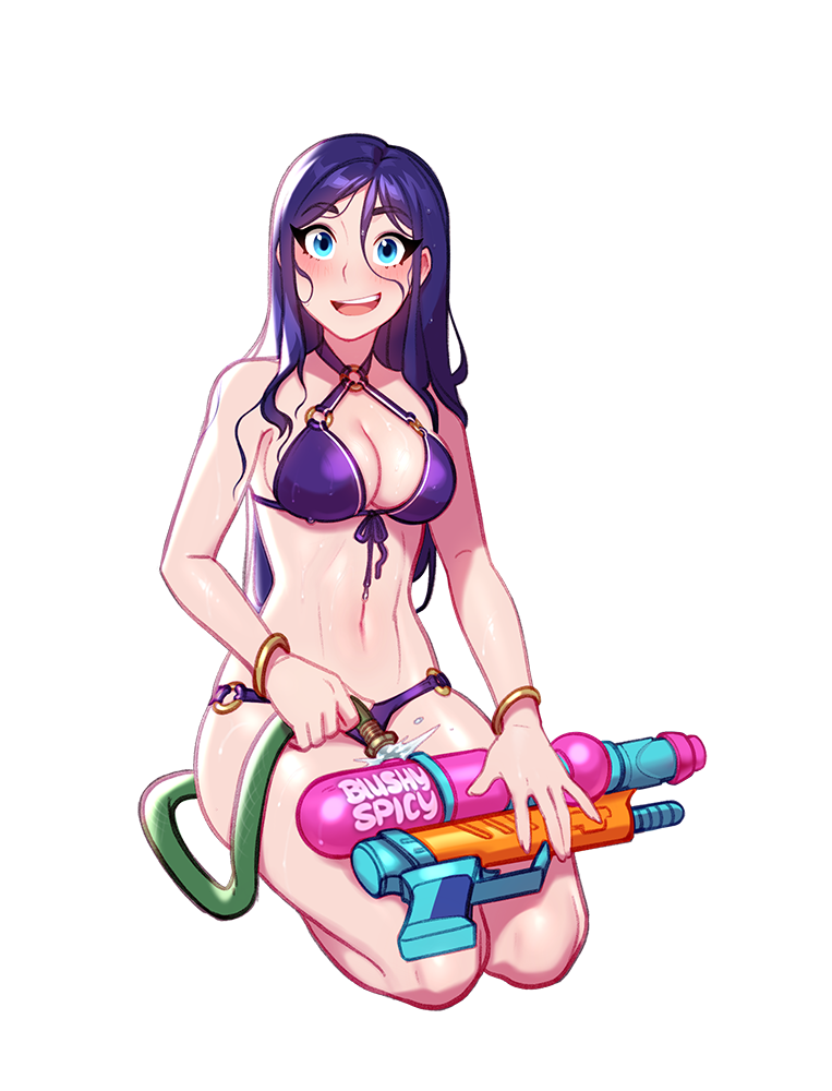 1girl :d bare_shoulders bikini blue_eyes blush blushyspicy bracelet caitlyn_(league_of_legends) hair_between_eyes jewelry kneeling league_of_legends long_hair looking_at_viewer navel o-ring o-ring_top open_mouth outline pool_party_caitlyn purple_bikini smile solo swimsuit teeth transparent_background upper_teeth_only water_gun white_outline