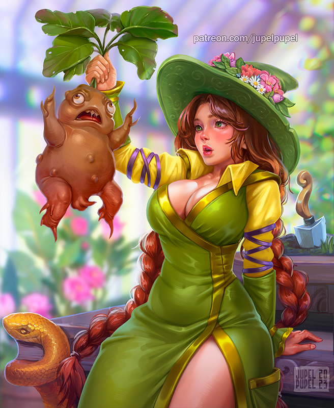1girl artist_name blurry blurry_background blush braid breasts brown_hair cleavage depth_of_field dress flower green_dress green_eyes green_hat greenhouse hat hat_flower hogwarts_legacy holding indoors jupelpupel large_breasts long_hair looking_at_another mirabel_garlick monster patreon_username solo twin_braids watermark web_address witch_hat wizarding_world