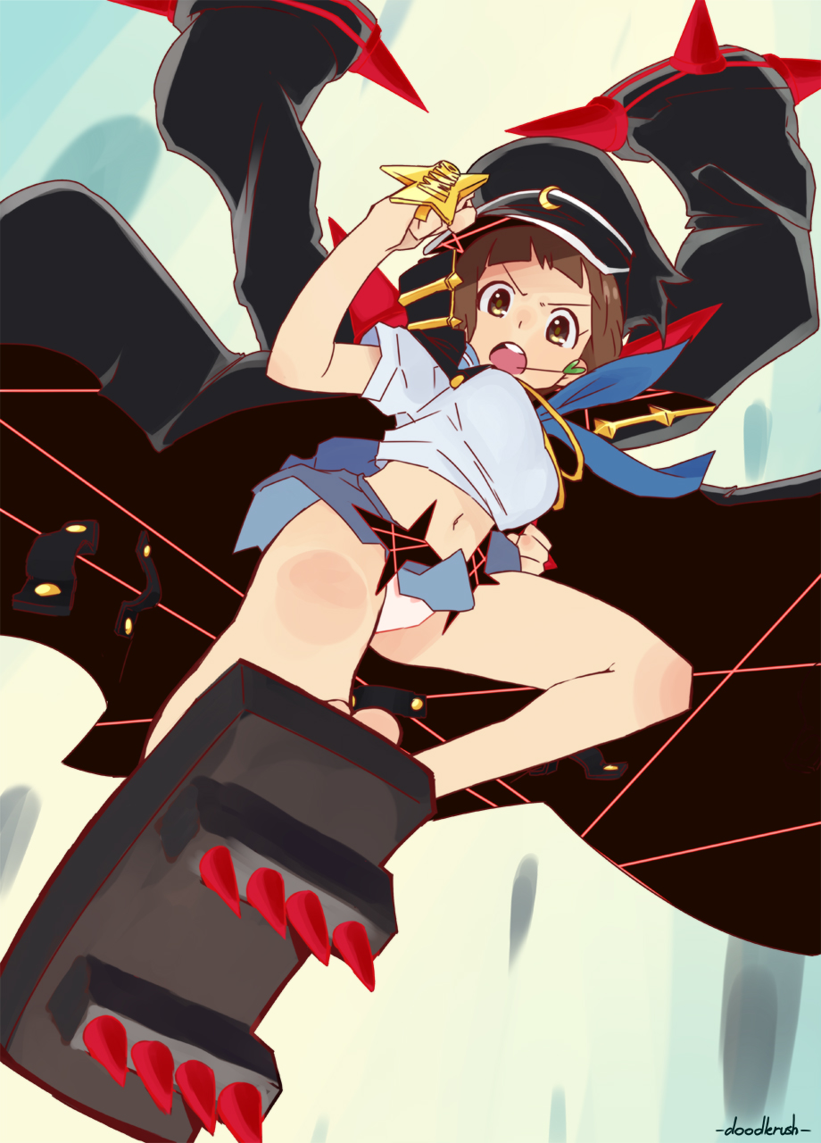 1girl black_coat blue_skirt brass_knuckles breasts brown_eyes brown_hair coat coat_on_shoulders doodlerush flying_kick geta highres holding kicking kill_la_kill large_breasts looking_at_viewer mankanshoku_mako miniskirt mouth_hold navel open_clothes open_coat open_mouth panties pantyshot round_teeth short_sleeves signature skirt solo spiked_footwear stalk_in_mouth teeth underwear upper_teeth_only weapon white_panties