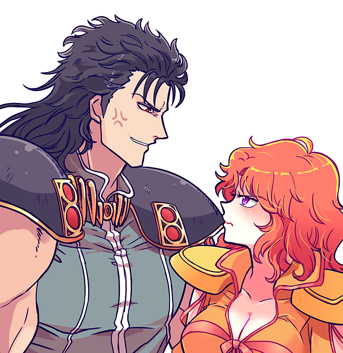 1boy 1girl anger_vein bad_id bad_pixiv_id black_hair breasts cleavage height_difference hokuto_no_ken large_breasts mamiya_(hokuto_no_ken) mayuzumi muscular orange_hair purple_eyes red_eyes rei_(hokuto_no_ken) shoulder_pads smile upper_body wavy_mouth