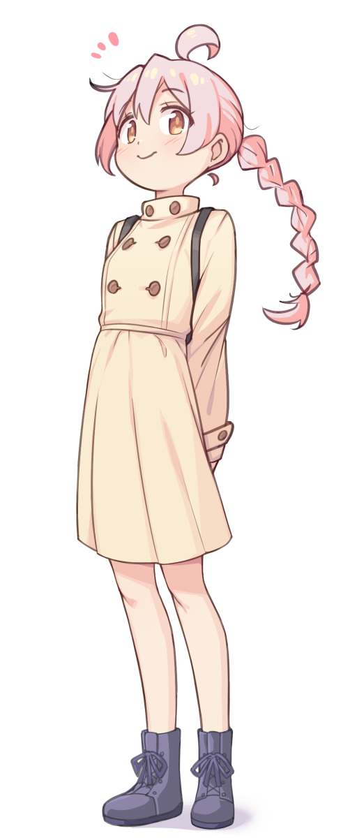 1girl ahoge arms_behind_back bare_legs black_boots boots braid braided_ponytail brown_eyes buttons coat double-breasted full_body hair_between_eyes highres long_hair long_sleeves looking_at_viewer notice_lines onii-chan_wa_oshimai! oyama_mahiro pink_hair ponytail saiste simple_background smile solo standing white_background yellow_coat