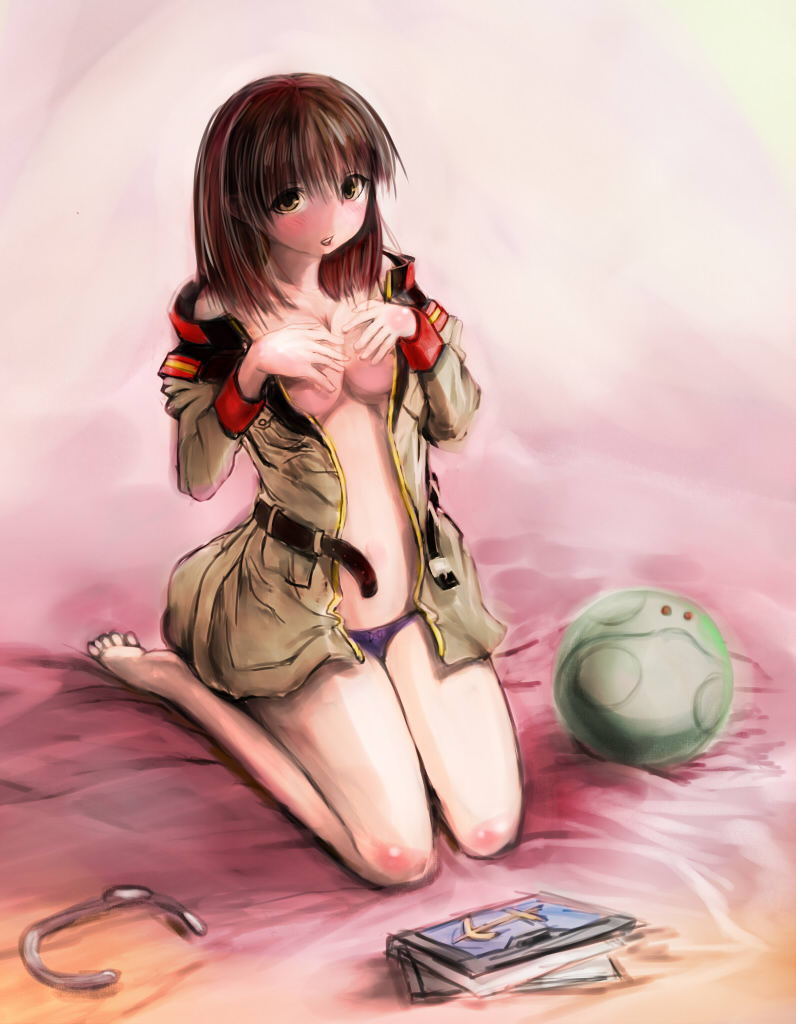 1girl belt blush breasts brown_eyes brown_hair gradient_background gundam gundam_lost_war_chronicles haro headset headset_removed military military_uniform no_bra noel_anderson open_clothes open_shirt panties robot shirt so-ma underwear