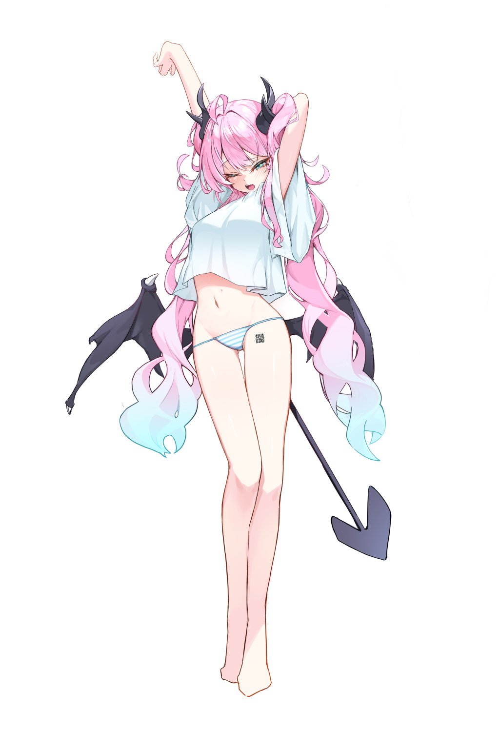 1girl ahoge barefoot black_wings blue_hair blue_panties blush commentary demon_girl demon_horns demon_tail full_body gradient_hair green_eyes highres horns long_hair low_wings mocha_kura multicolored_hair navel one_eye_closed open_mouth original panties pink_hair shirt simple_background solo striped_clothes striped_panties symbol-only_commentary t-shirt tail underwear white_background white_panties white_shirt wings yawning
