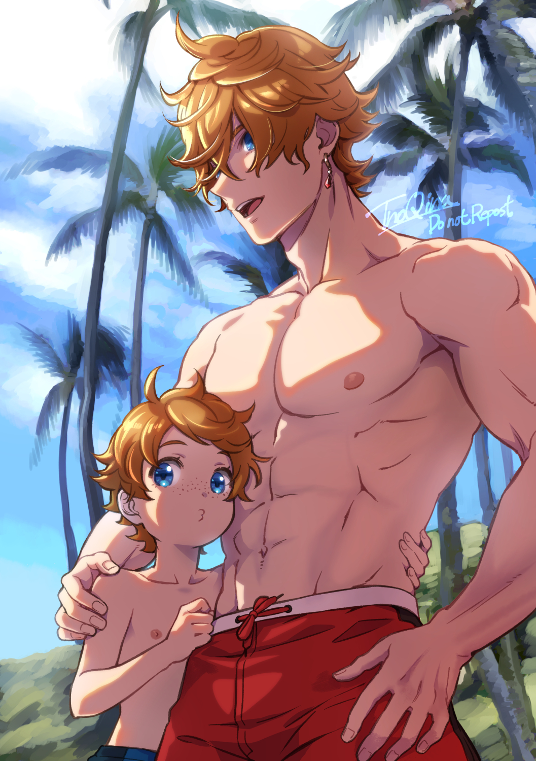 2boys abs age_difference blue_hair blue_sky brothers cloud freckles genshin_impact hand_on_another&#039;s_shoulder hand_on_another&#039;s_waist hand_on_own_hip highres hill looking_at_viewer male_focus male_swimwear multiple_boys muscular muscular_male navel nipples open_mouth orange_hair palm_tree pectorals pout red_male_swimwear siblings signature single_arm_hug size_difference sky tartaglia_(genshin_impact) teeth teucer_(genshin_impact) tnoqina tree upper_teeth_only