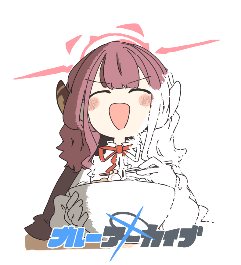 1girl aru_(blue_archive) blue_archive blush_stickers bowl chopsticks closed_eyes coat coat_on_shoulders commentary_request copyright_name cropped_torso demon_horns facing_viewer food halo high_collar holding holding_bowl holding_chopsticks horns long_hair neck_ribbon noodles open_mouth partially_colored pre-gingin ramen red_hair red_ribbon ribbon shirt sidelighting sidelocks smile solo translation_request v-shaped_eyebrows wavy_hair white_shirt