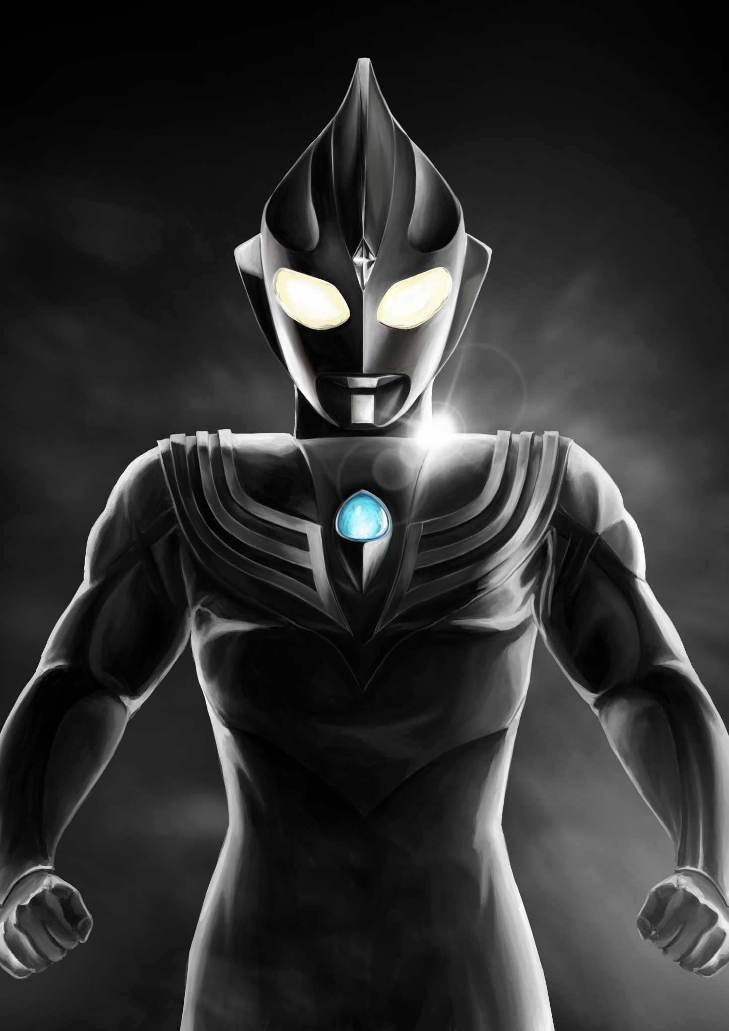1boy alien armor black_skin breastplate clenched_hands color_timer colored_skin commentary compound_eyes cowboy_shot crystal dark_background dark_persona dorsal_fin forehead_jewel gattyo gem glowing glowing_eyes grey_skin highres lens_flare looking_at_viewer looking_down male_focus multicolored_skin pectorals silver_trim solo standing tokusatsu ultra_series ultraman_tiga ultraman_tiga:_the_final_odyssey ultraman_tiga_(series) ultraman_tiga_(tiga_dark) wrinkled_skin yellow_eyes