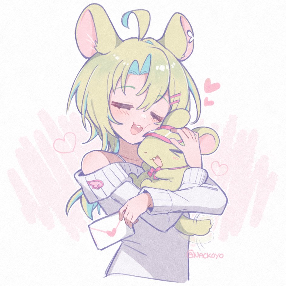1girl :d ahoge animal animal_ears animal_hug artist_name ashton_marten_(vtuber) bare_shoulders chinchilla_ears chinchilla_girl closed_eyes envelope green_hair hair_between_eyes heart holding holding_envelope indie_virtual_youtuber long_hair long_sleeves nackoyo off_shoulder open_mouth smile solo sweater twitter_username virtual_youtuber white_sweater