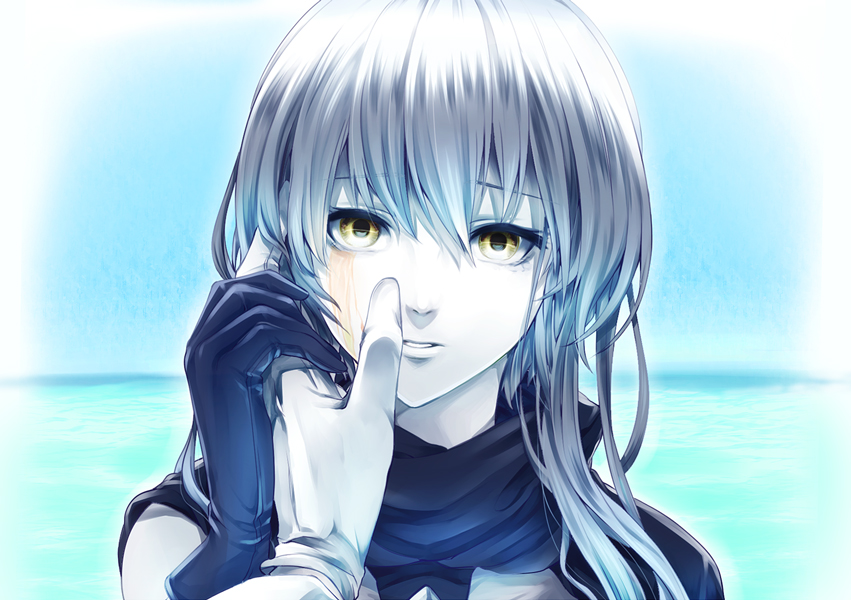 10s 1boy 1girl abyssal_ship admiral_(kancolle) blood blood_on_face blue_background day eyelashes hair_between_eyes hand_on_another&#039;s_face kantai_collection olmatown outdoors portrait silver_hair solo_focus tears wo-class_aircraft_carrier yellow_eyes