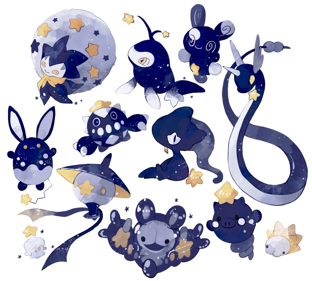 :3 @_@ alternate_color alternate_shiny_pokemon animal_focus arms_up azumarill banette black_eyes blue_eyes bright_pupils cacnea commentary dragonair eldegoss full_body gen_1_pokemon gen_2_pokemon gen_3_pokemon gen_5_pokemon gen_8_pokemon head_wings lampent lanturn leg_up li04r litwick looking_at_viewer looking_to_the_side night night_sky nintendo no_humans pokemon pokemon_(creature) reuniclus simple_background sitting sky smile snom spinda spoink standing star_(symbol) symbol-only_commentary white_background wings yellow_eyes
