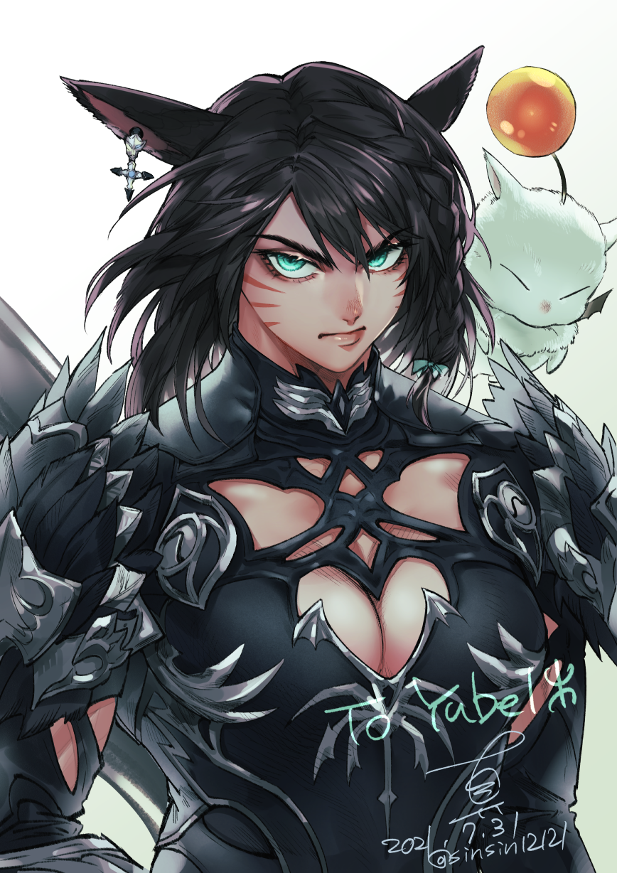 1girl animal_ears armor azem_panta&#039;rhei black_hair breasts cat_ears cleavage_cutout clothing_cutout commission dated earrings facial_mark final_fantasy final_fantasy_xiv green_eyes highres jewelry large_breasts looking_at_viewer miqo&#039;te moogle shin_(sinsin12121) short_hair shoulder_armor sinsin12121 skeb_commission solo upper_body warrior_of_light_(ff14) whisker_markings white_background