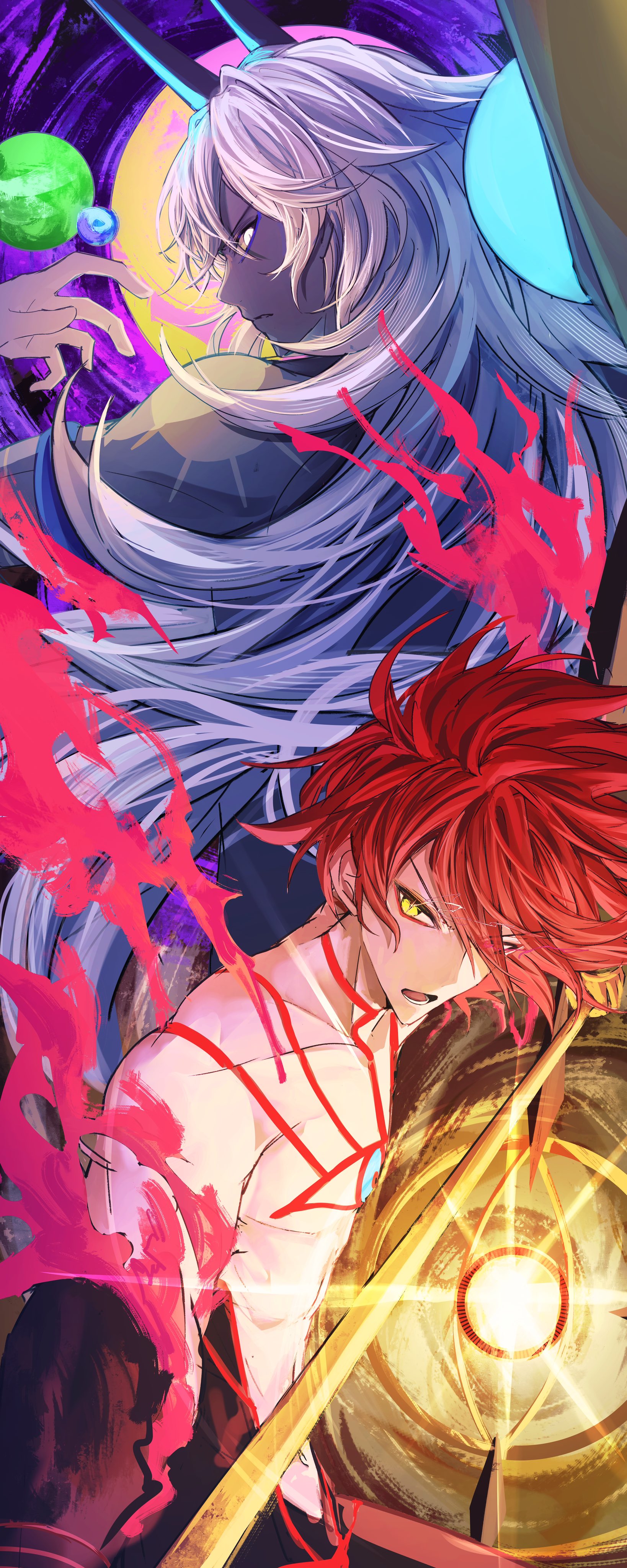 2boys absurdres arjuna_(fate) arjuna_alter_(fate) back-to-back body_markings colored_skin eye_trail fate/grand_order fate_(series) glowing grey_skin highres holding holding_polearm holding_weapon karna_(fate) light_trail long_hair male_focus multiple_boys polearm red_hair super_karna_(fate) weapon white_eyes white_skin yagi_(yagi5art) yellow_eyes
