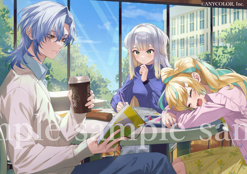 1boy 2girls ^_^ aqua_hair blonde_hair blue_hair blue_pants blue_shirt blue_sweater book bow-shaped_hair cardigan center-flap_bangs chair closed_eyes collared_shirt colored_tips concentrating copyright_notice cup curtained_hair day disposable_coffee_cup disposable_cup feet_out_of_frame floral_print gradient_hair green_eyes grey_hair hair_ornament hairband hairclip hand_on_own_chin head_on_table holding holding_book holding_cup holding_pen light_blue_hair long_hair long_sleeves medium_hair milan_kestrel miya_(ete) mole mole_under_mouth multicolored_hair multiple_girls nijisanji notebook official_art open_mouth orange_eyes pants pen pencil_case pink_cardigan ponytail reading sample_watermark shioriha_ruri shirt sitting skirt sleeves_past_wrists smile streaked_hair sweater table tachitsute_toto tearing_up tree turtleneck turtleneck_sweater virtual_youtuber watermark white_hairband white_skirt white_sweater window wing_hair_ornament writing yellow_skirt