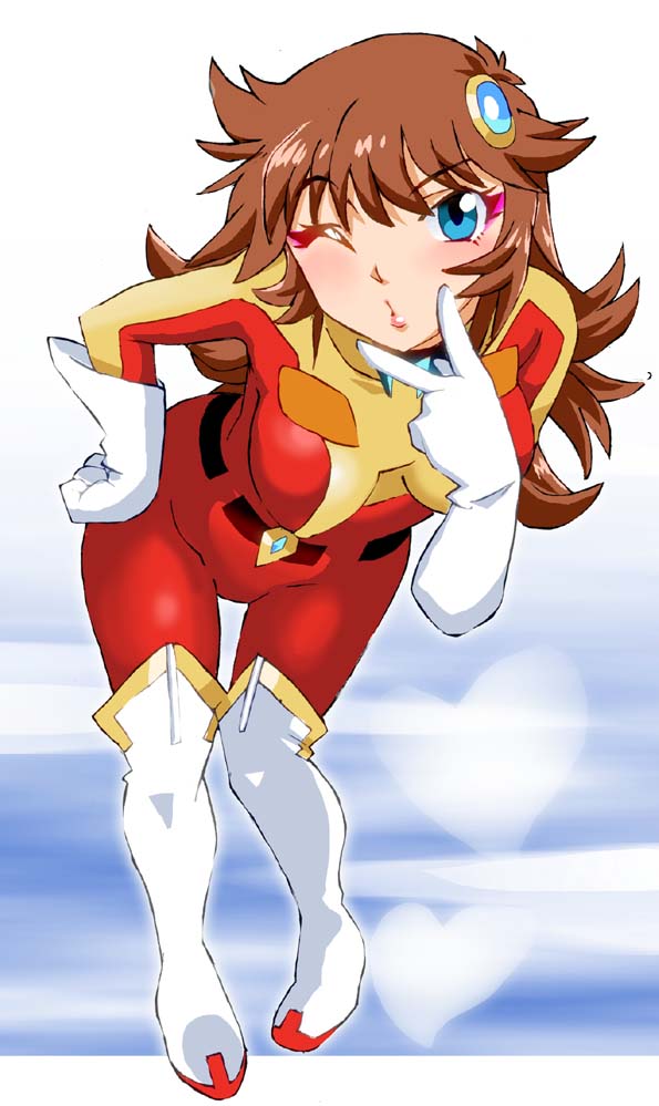 blue_eyes bodysuit breasts brown_hair gloves grendizer_u long_hair maria_grace_fleed mazinger_(series) medium_breasts one_eye_closed ufo_robo_grendizer wink
