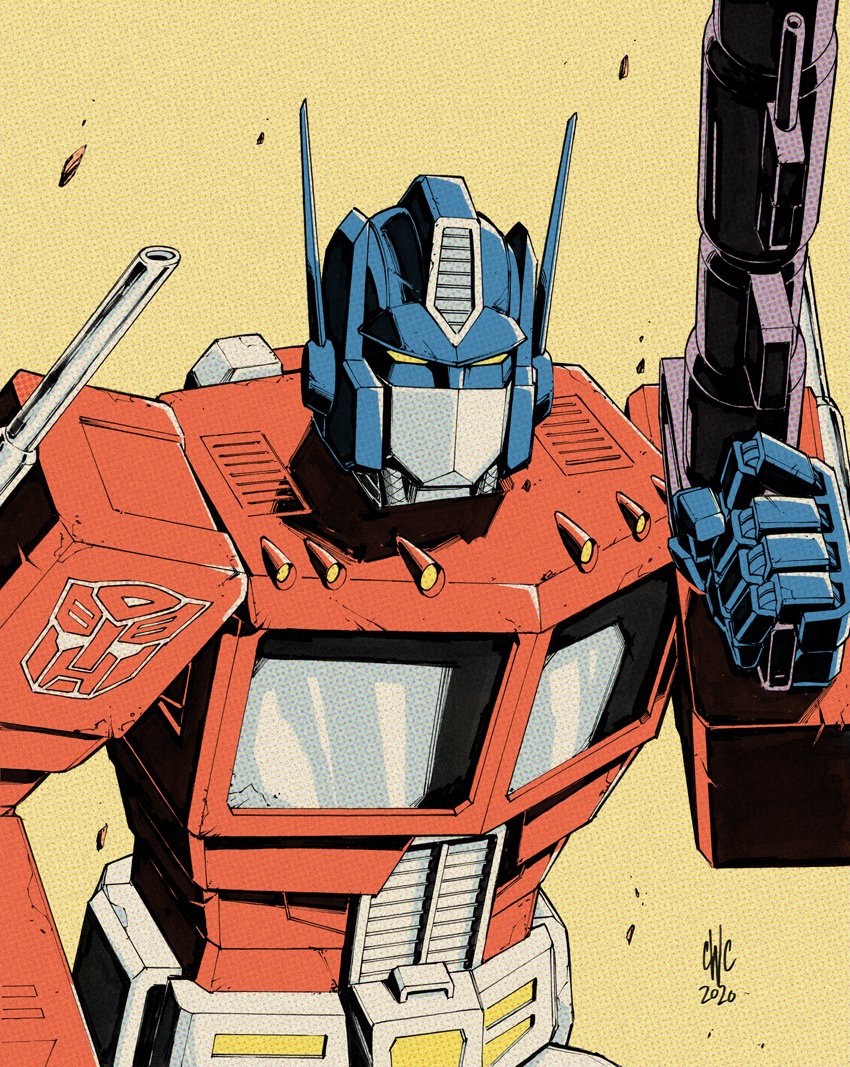 1980s_(style) 2020 autobot casey_w._coller commentary english_commentary gun holding holding_gun holding_weapon insignia mecha oldschool optimus_prime retro_artstyle robot solo transformers upper_body weapon yellow_background yellow_eyes