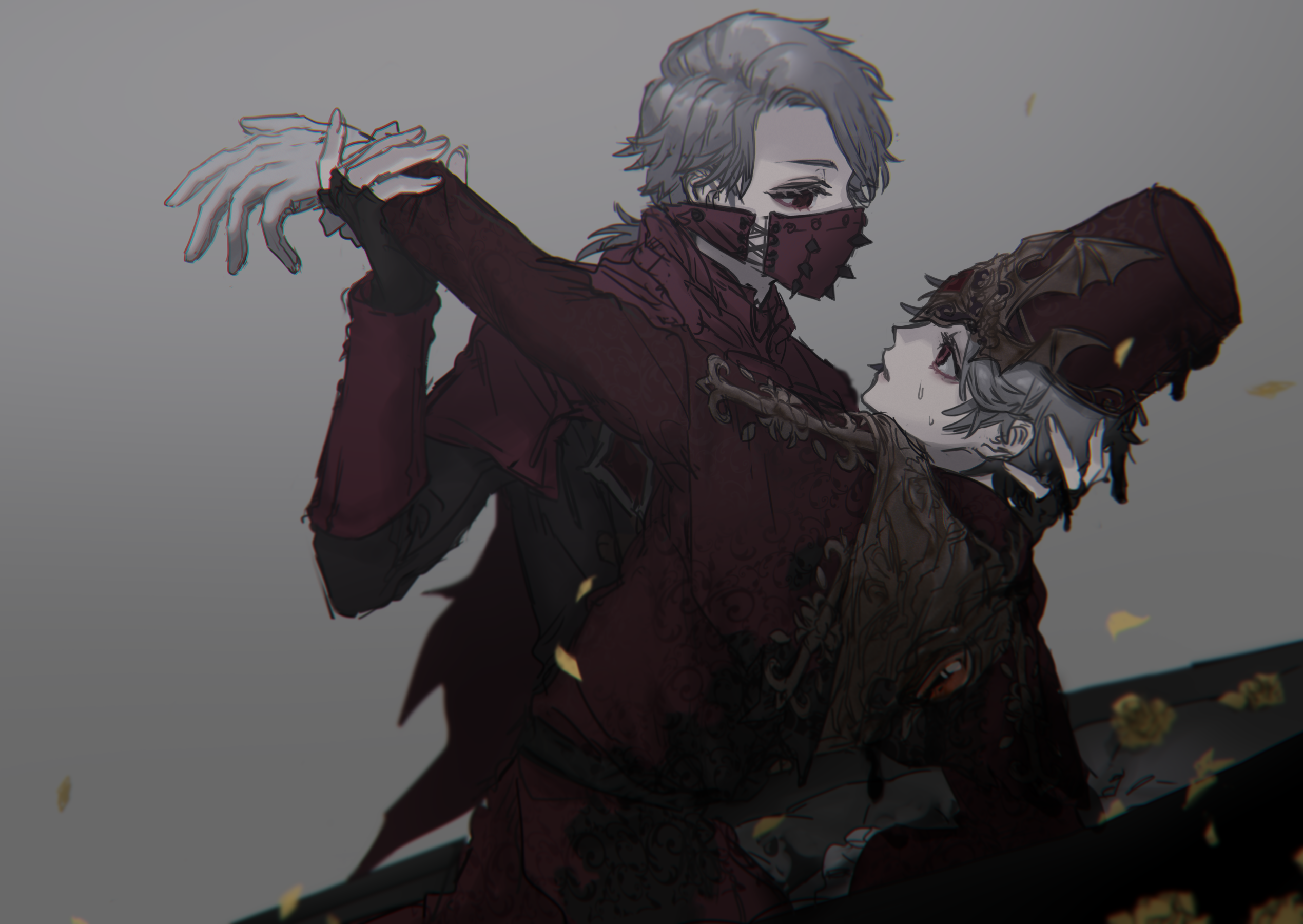 2boys aesop_carl aesop_carl_(exorcist) arm_grab falling_petals fingerless_gloves gloves grey_background grey_hair hand_on_another's_head hands_up hat highres identity_v jacket jiz_(pffbq) long_hair long_sleeves looking_at_another low_ponytail male_focus mask mouth_mask multiple_boys petals ponytail red_eyes simple_background sweat upper_body victor_grantz victor_grantz_(the_embrace) yellow_petals