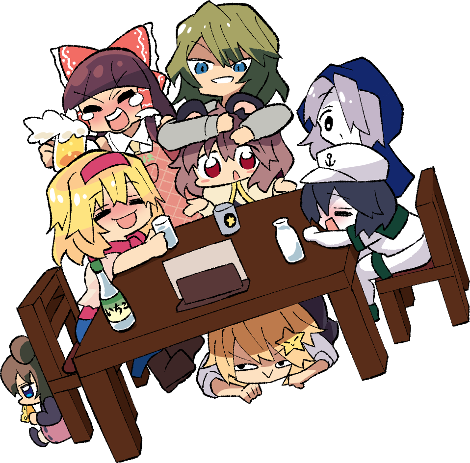 6+girls :d akira_(cookie) alcohol alice_margatroid anchor_symbol animal_ears beer beer_mug black_hair blonde_hair blue_eyes blue_hood blunt_bangs brown_hair chair cheese cho_cola_star closed_eyes colored_skin cookie_(touhou) cup eating fake_nyon_(cookie) flour_(cookie) food full_body green_hair grey_hair hair_over_one_eye hairband hakurei_reimu hood hood_up ichigo_(cookie) kazami_yuuka kirisame_marisa kumoi_ichirin looking_at_viewer milk_(cookie) mouse_ears mouse_girl mug multiple_girls murasa_minamitsu napkin napkin_holder nazrin nyon_(cookie) open_mouth red_eyes red_hairband rurima_(cookie) sake sapporo_beer short_hair simple_background sitting smile standing suzu_(cookie) table tearing_up touhou transparent_background under_table v-shaped_eyebrows white_skin
