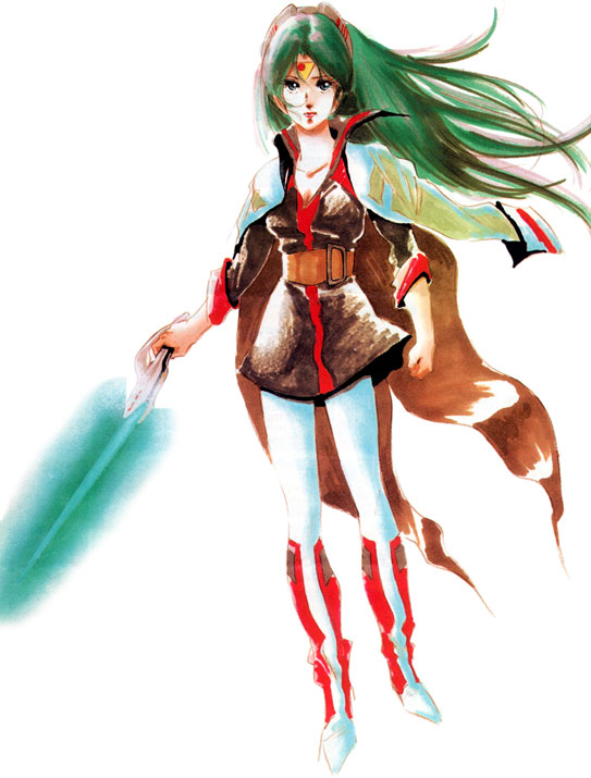 1980s_(style) 1girl athena_henderson badge belt boots chiram choujikuu_seiki_orguss energy_sword female_focus full_body green_eyes green_hair knee_boots lightsaber matching_hair/eyes mikimoto_haruhiko military military_uniform official_art oldschool orguss pantyhose production_art retro_artstyle science_fiction simple_background solo standing sticker sword traditional_media weapon