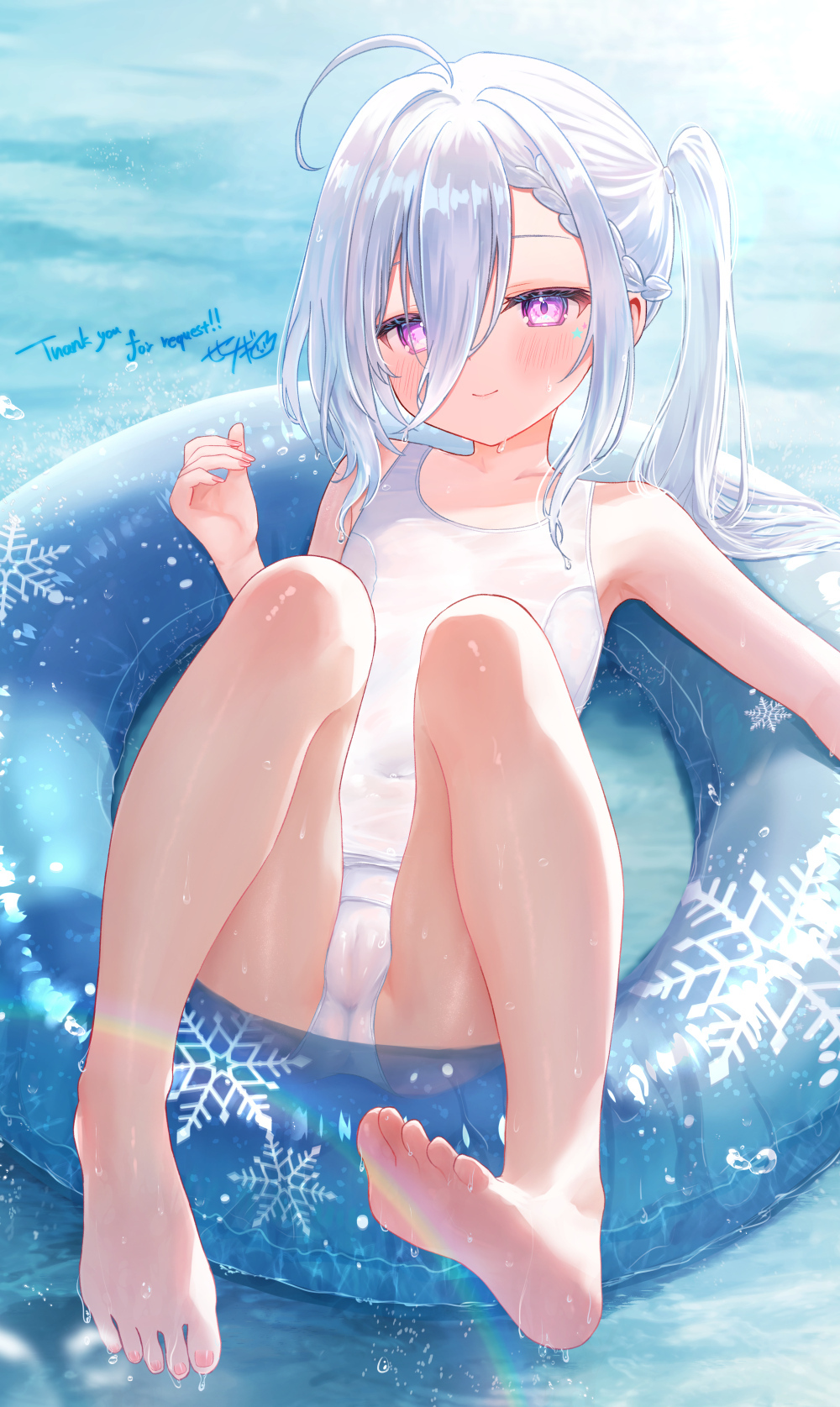 1girl ahoge bare_arms bare_legs bare_shoulders barefoot blue_hair braid closed_mouth commentary_request covered_navel feet hair_between_eyes highres innertube legs light_smile long_hair long_hair_between_eyes looking_at_viewer lying ocean on_innertube one-piece_swimsuit original purple_eyes sese_nagi sidelocks sleeveless soles solo swim_ring swimsuit toes water white_one-piece_swimsuit